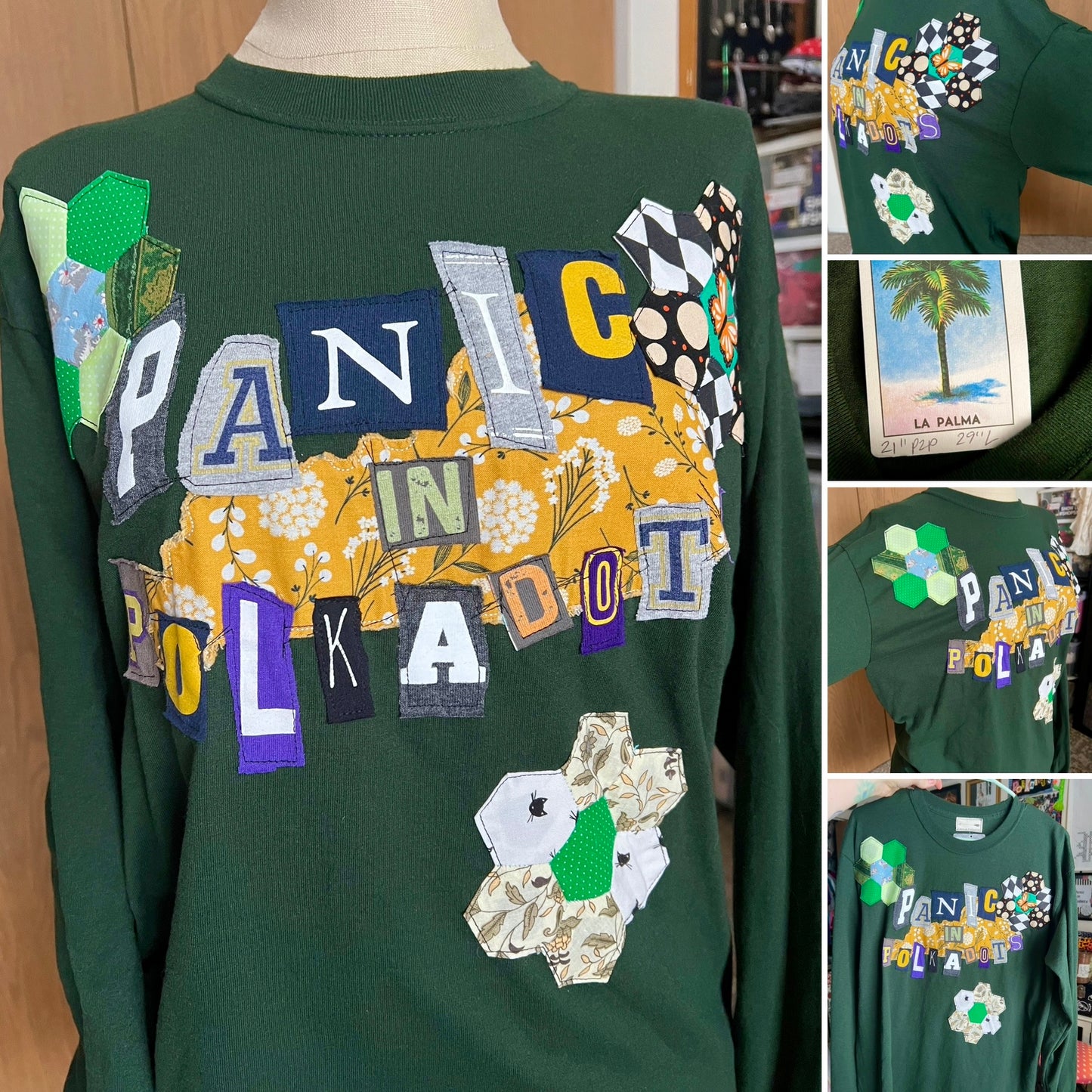 Green sweatshirt with colorful text and patterns on a mannequin