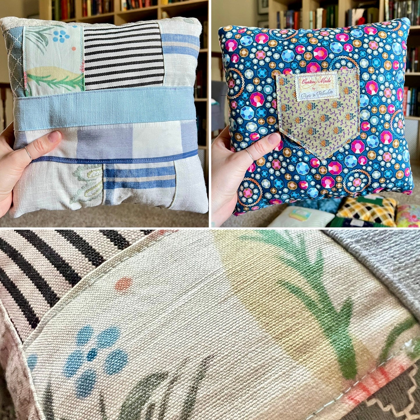 A three-panel collage showing a handmade patchwork quilted pillow being held by hands in an indoor setting. The top-left panel shows a striped and light blue patchwork section; the top-right panel shows a blue floral patterned front with a small fabric brand label; the bottom panel is a close-up of the patchwork fabric with blue flowers, green leaves, and striped sections.