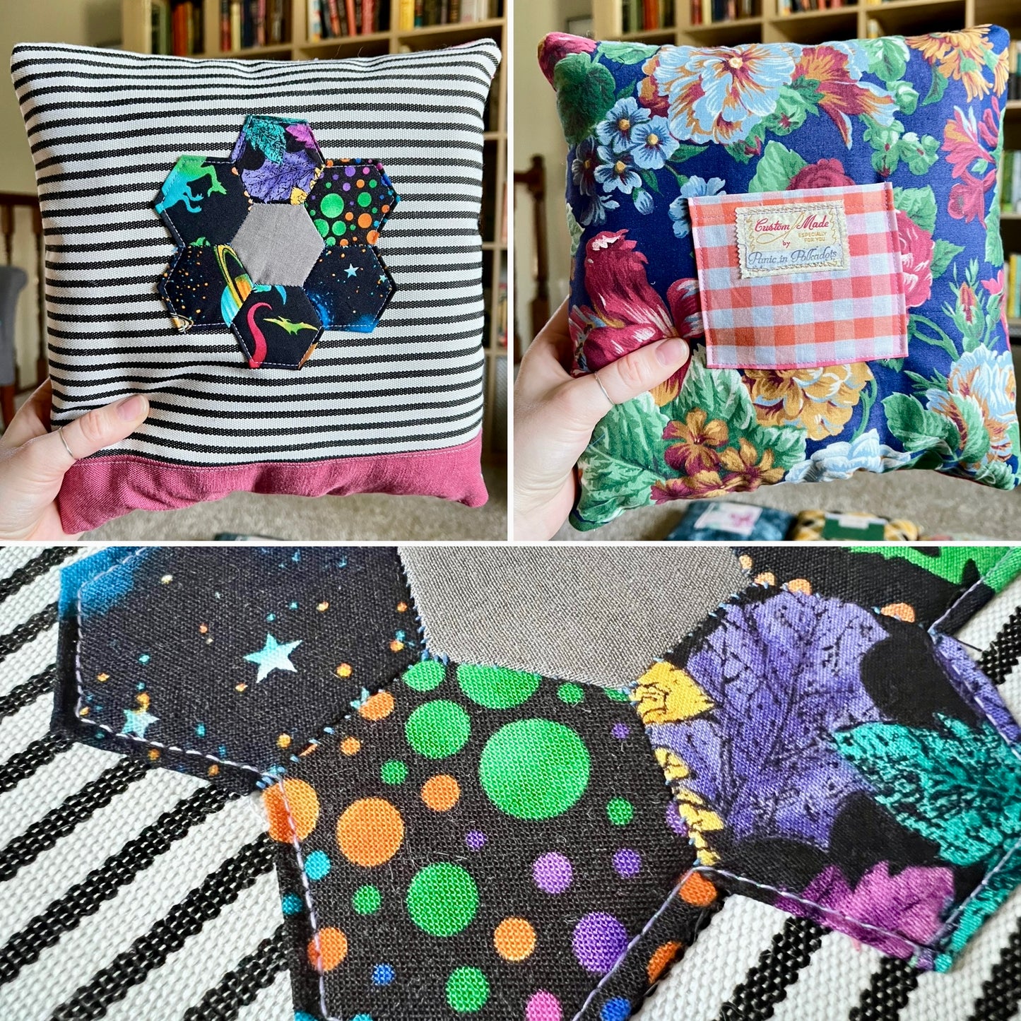 A three-panel collage showing handmade square pillows. The top-left panel shows the front of a black-and-white striped pillow with a colorful hexagonal patchwork applique and a pink fabric trim. Back is a bold floral pattern with pocket.