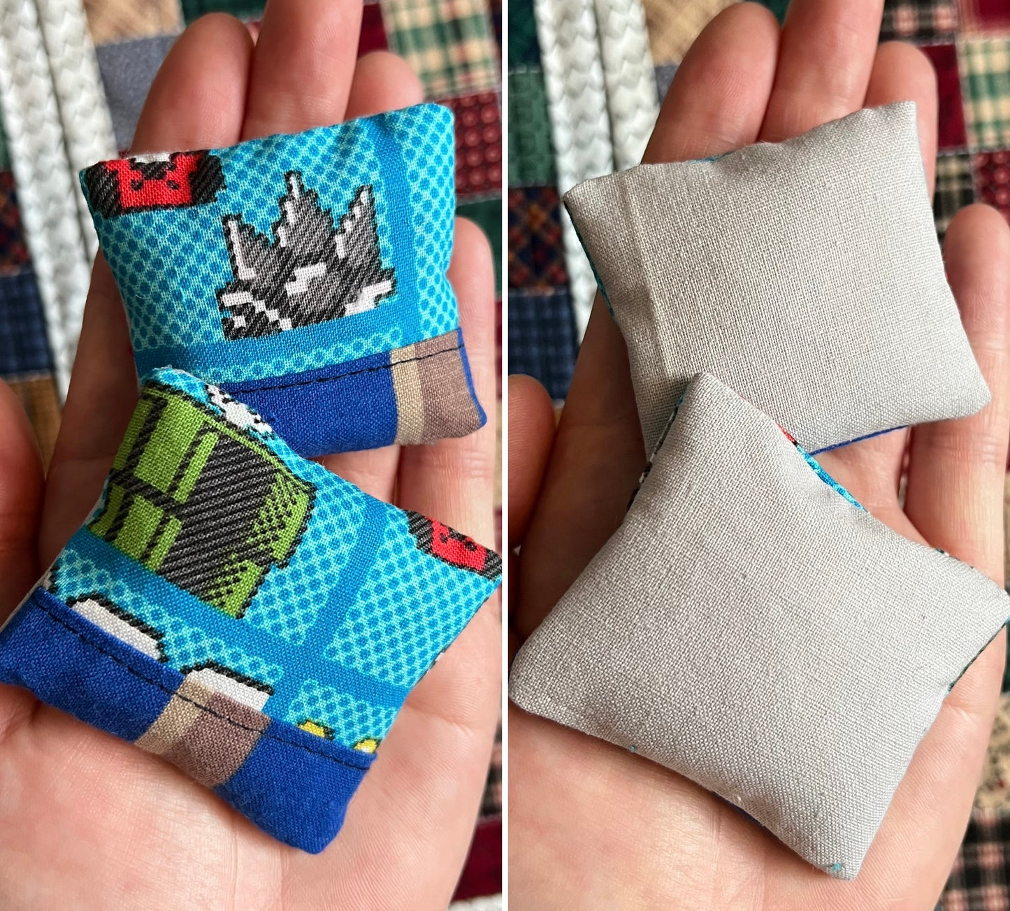 Small fabric pillows in various colors held in a hand for scale, showing front and back designs.