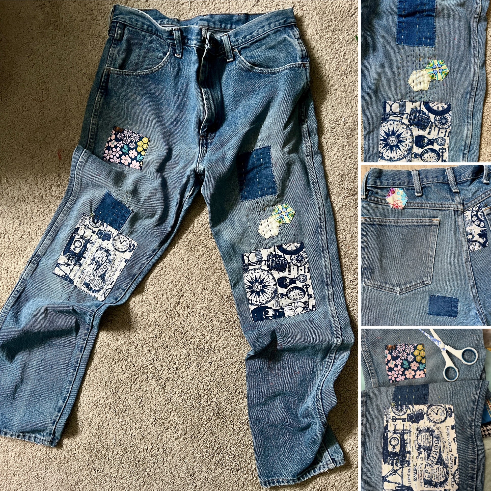 Mended jeans blueprint floral, in a photo grid to show front, back, and knee patch details