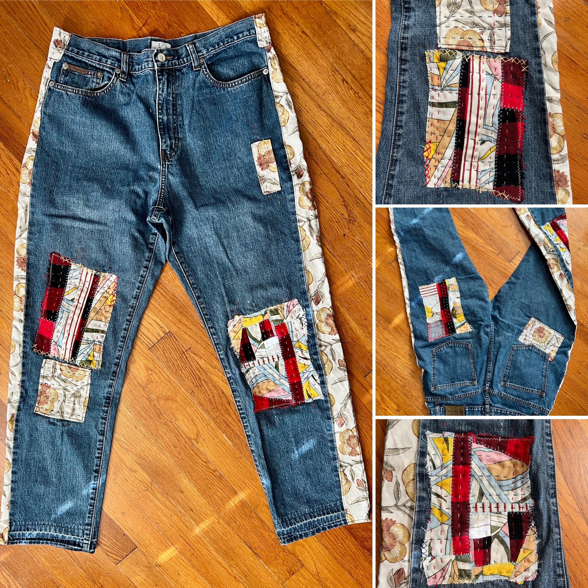 Mended jeans buffalo plaid, in a photo grid to show front, back, and knee patch details