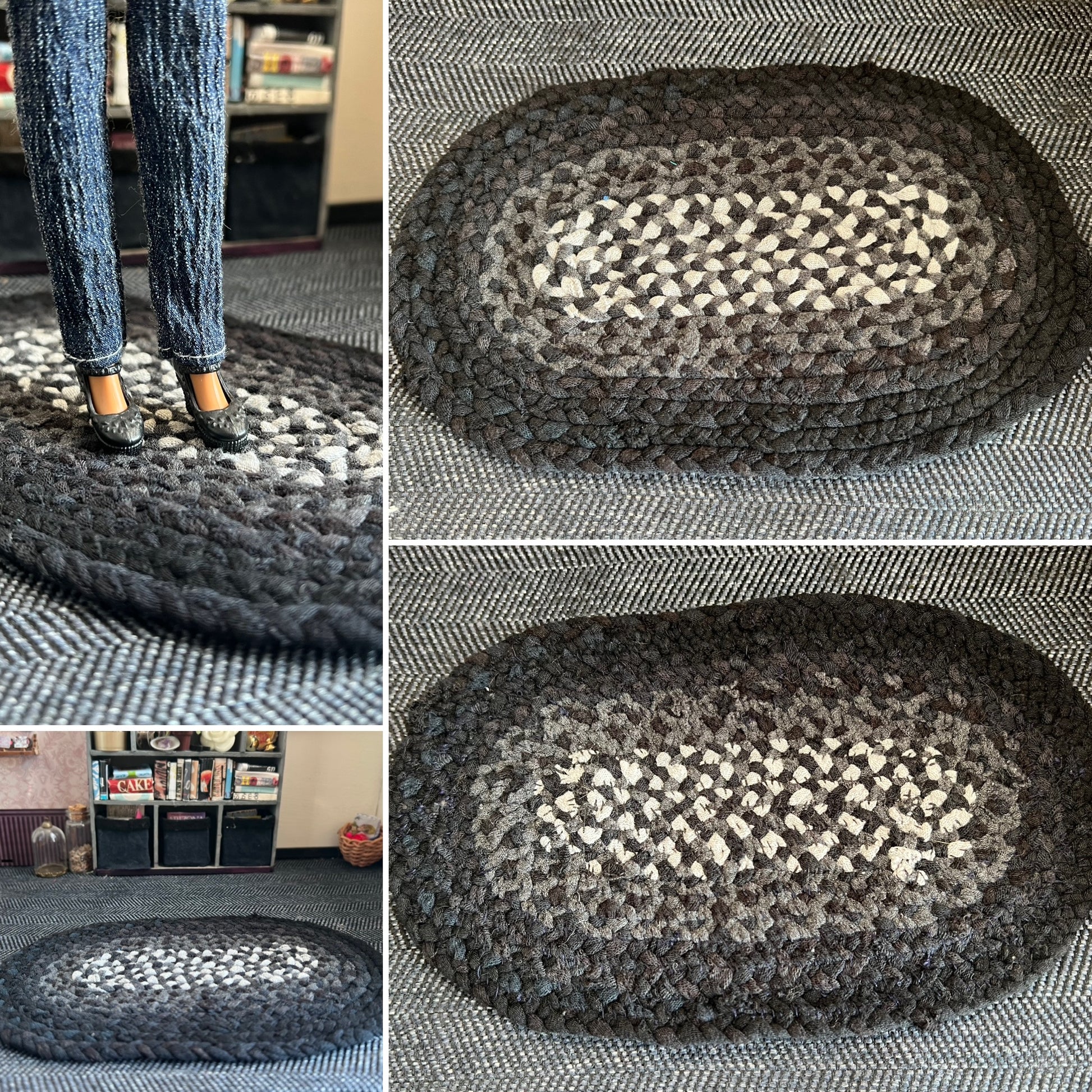 Collage of photos of a miniature braided rug in various settings, showing views of front, back, side, and with doll standing on top.