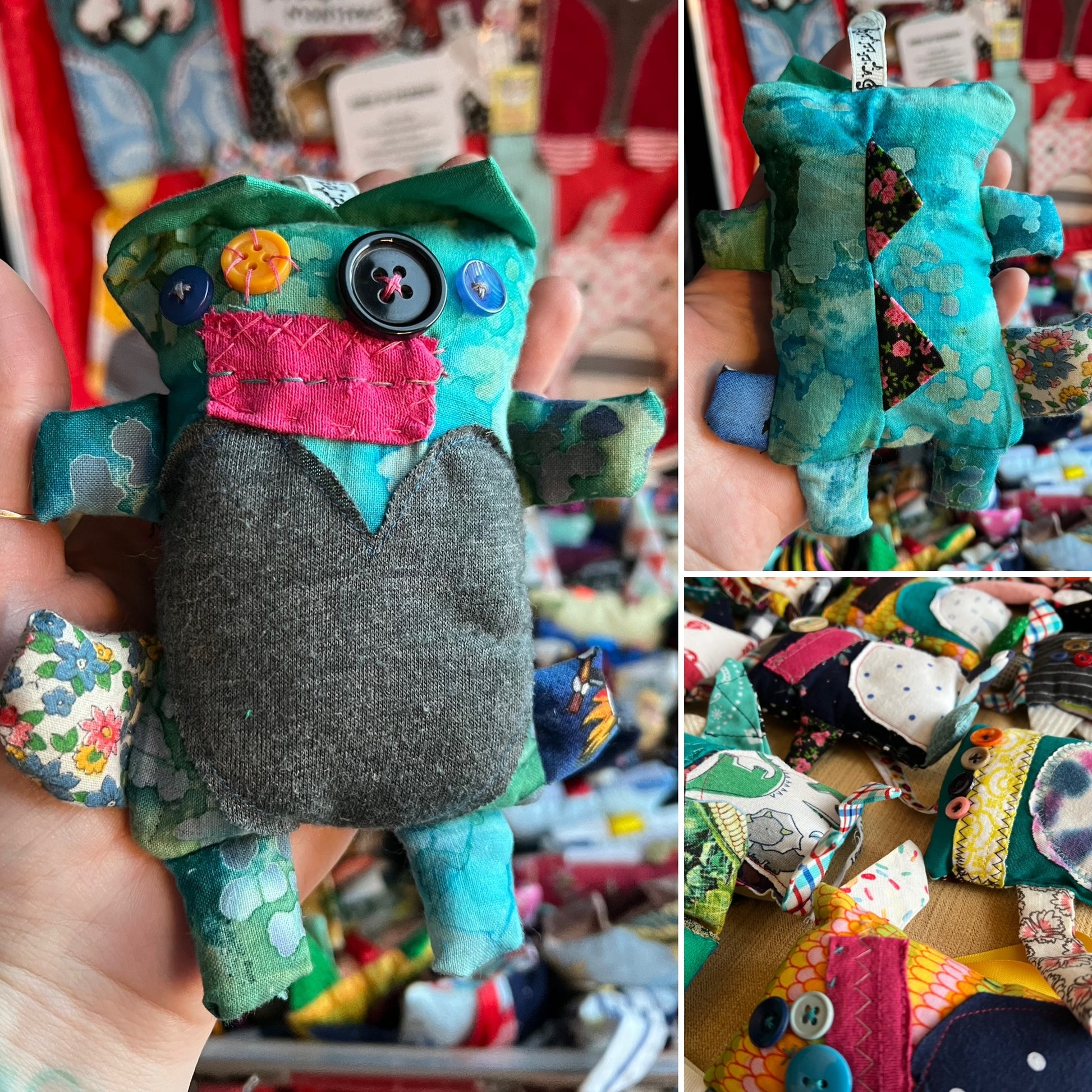 Collage of a colorful fabric creature held by a person with a blurred background.