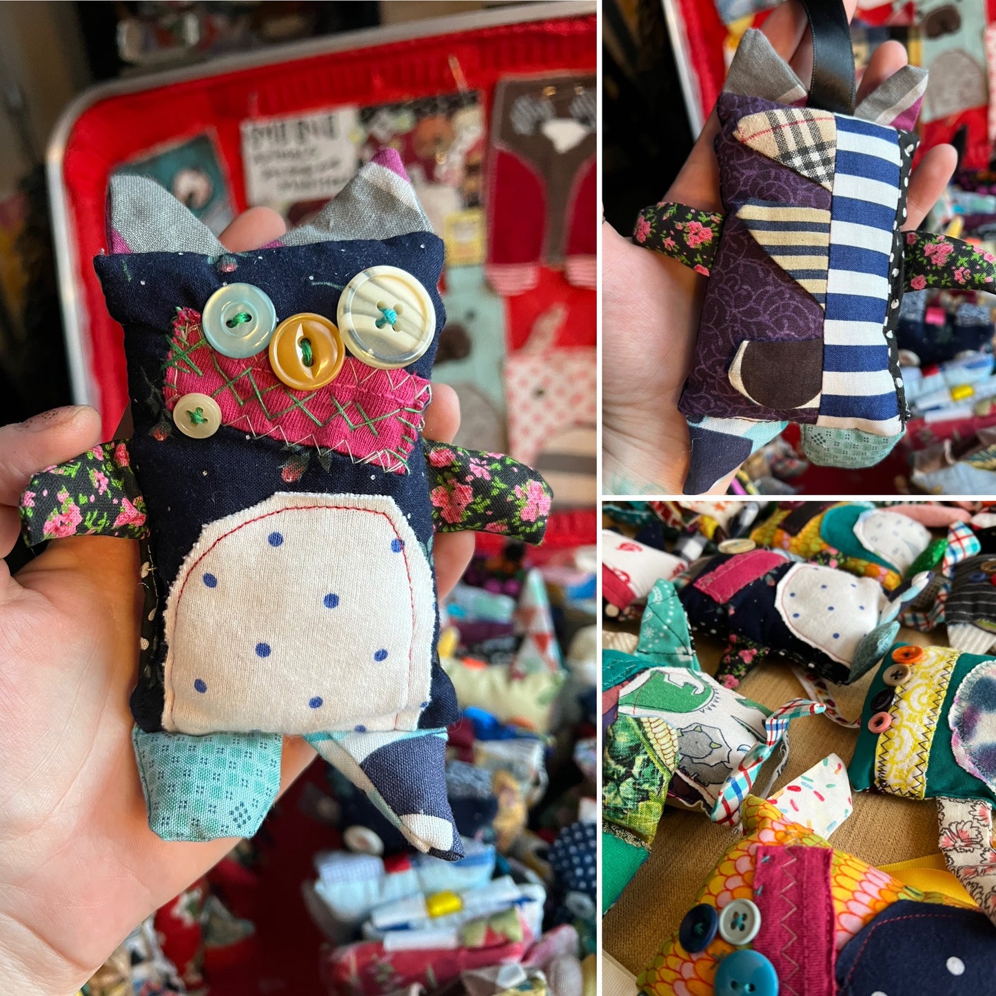 Collage of fabric monster toys with colorful buttons and patterns.