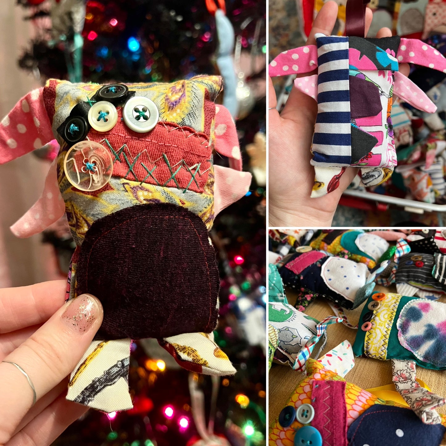 Collage of fabric monster ornaments with a blurred Christmas tree background