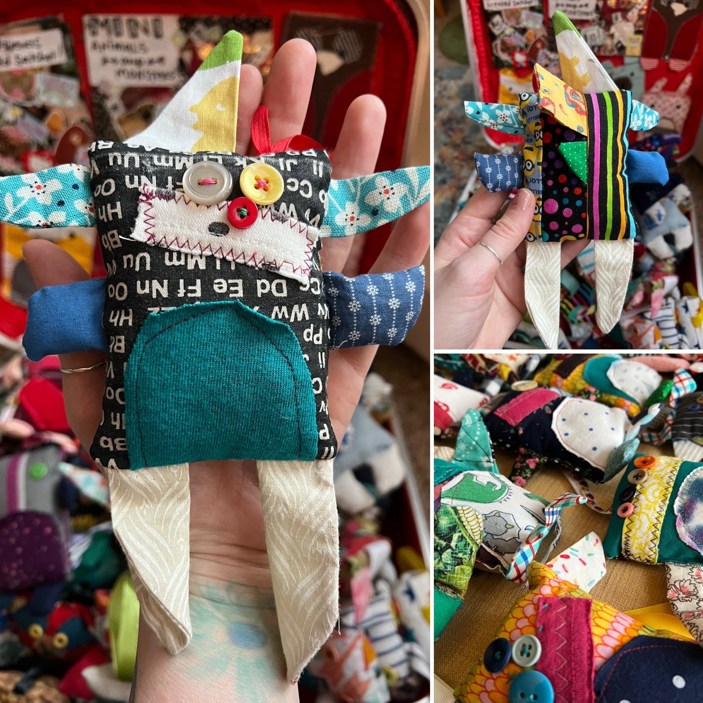 Collage of colorful fabric dolls with various patterns and designs.
