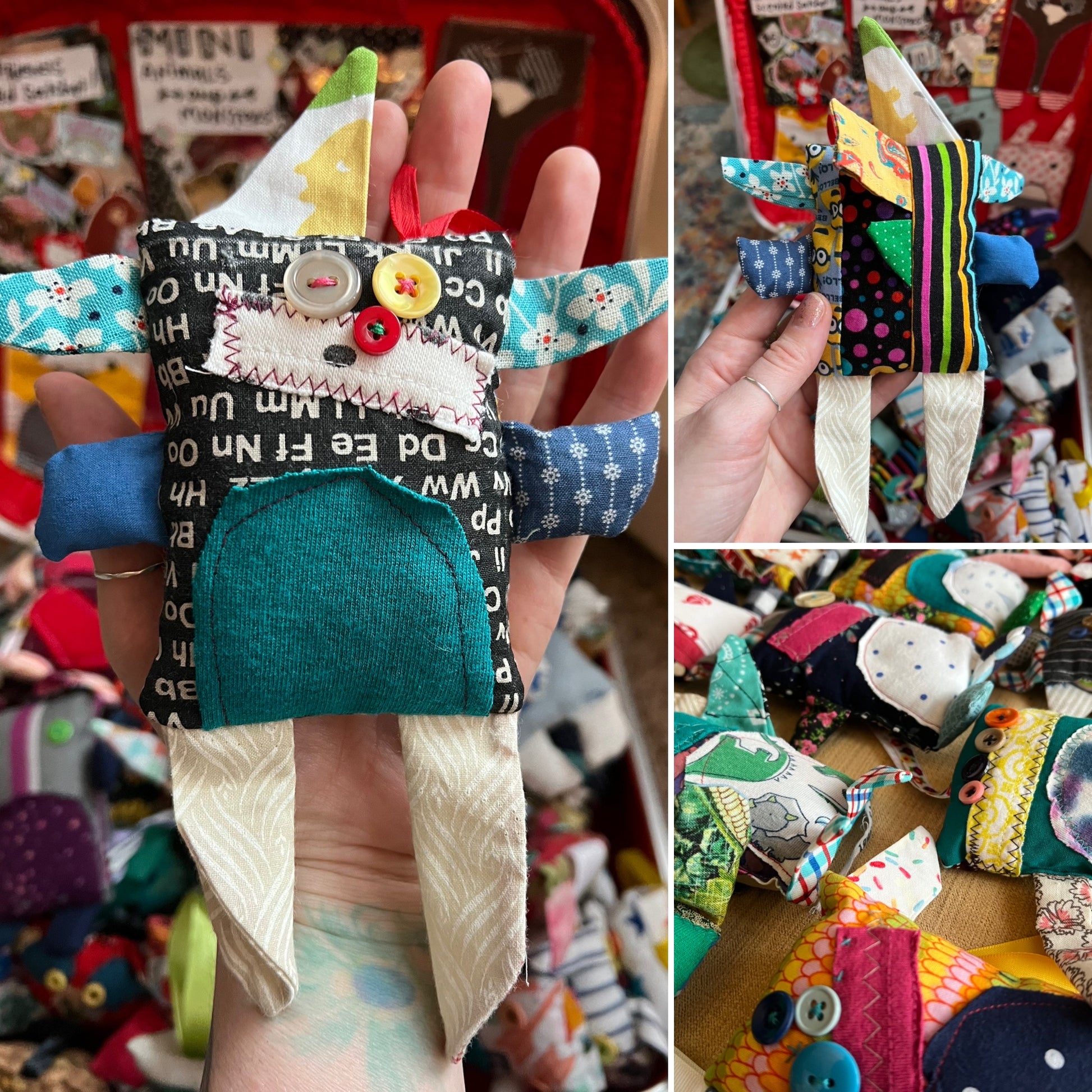 Collage of colorful fabric dolls with various patterns and designs.