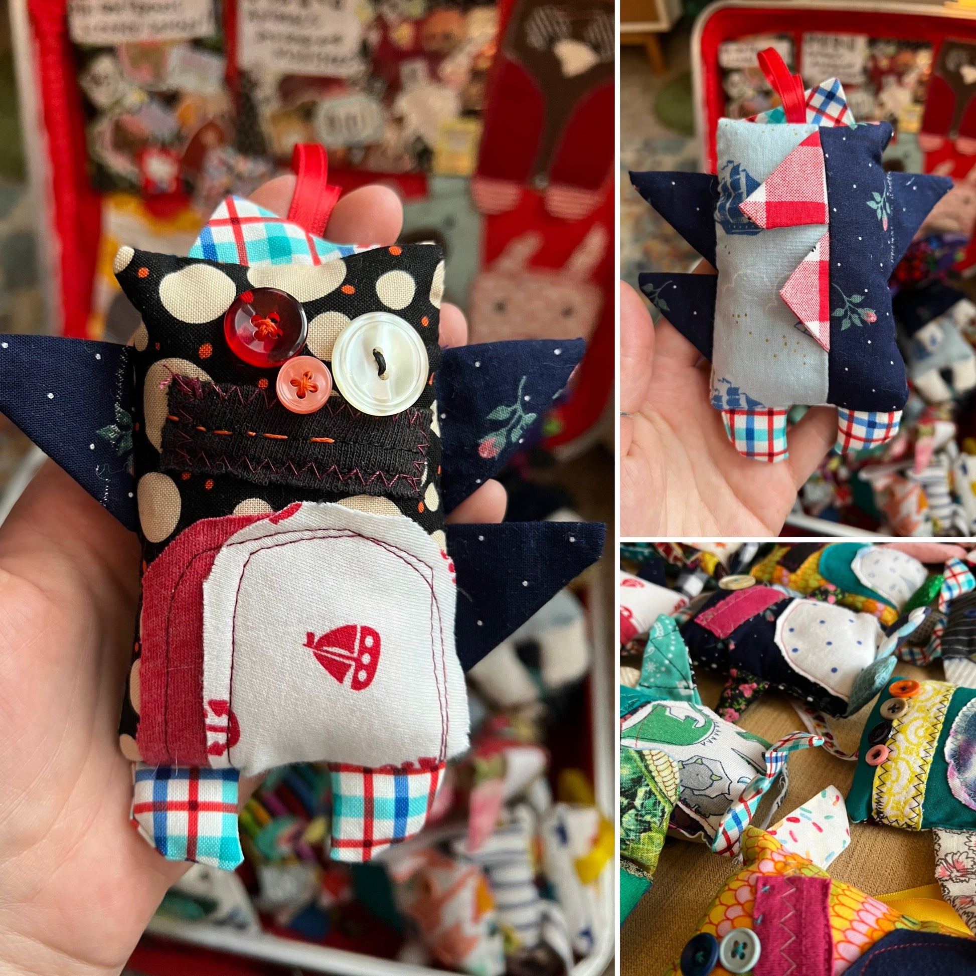 Collage of handmade fabric toys with colorful patterns and textures.