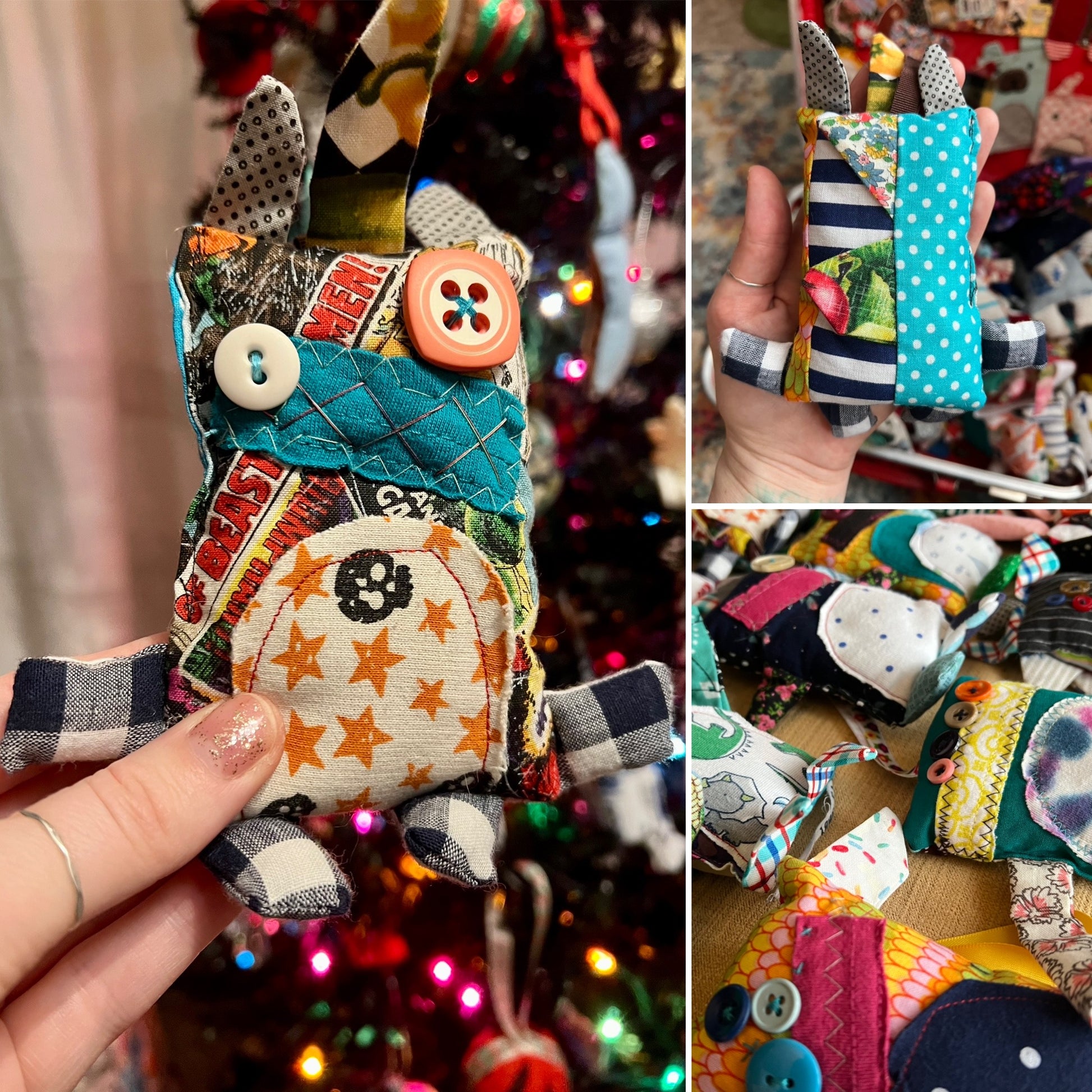 Collage of a colorful fabric animal ornament held by a hand with a blurred festive background.