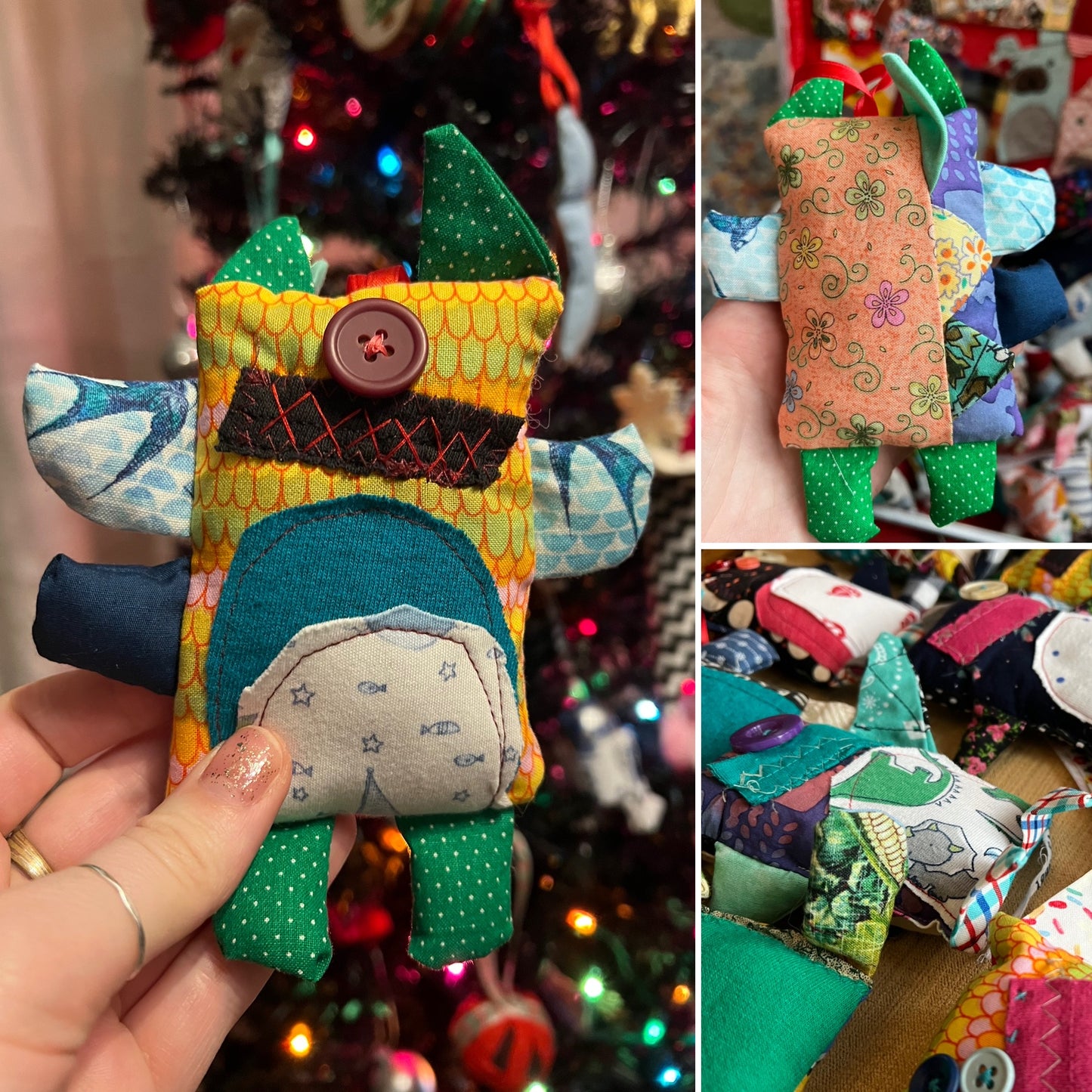 Collage of colorful fabric monster, showing front and back with a Christmas tree in the background