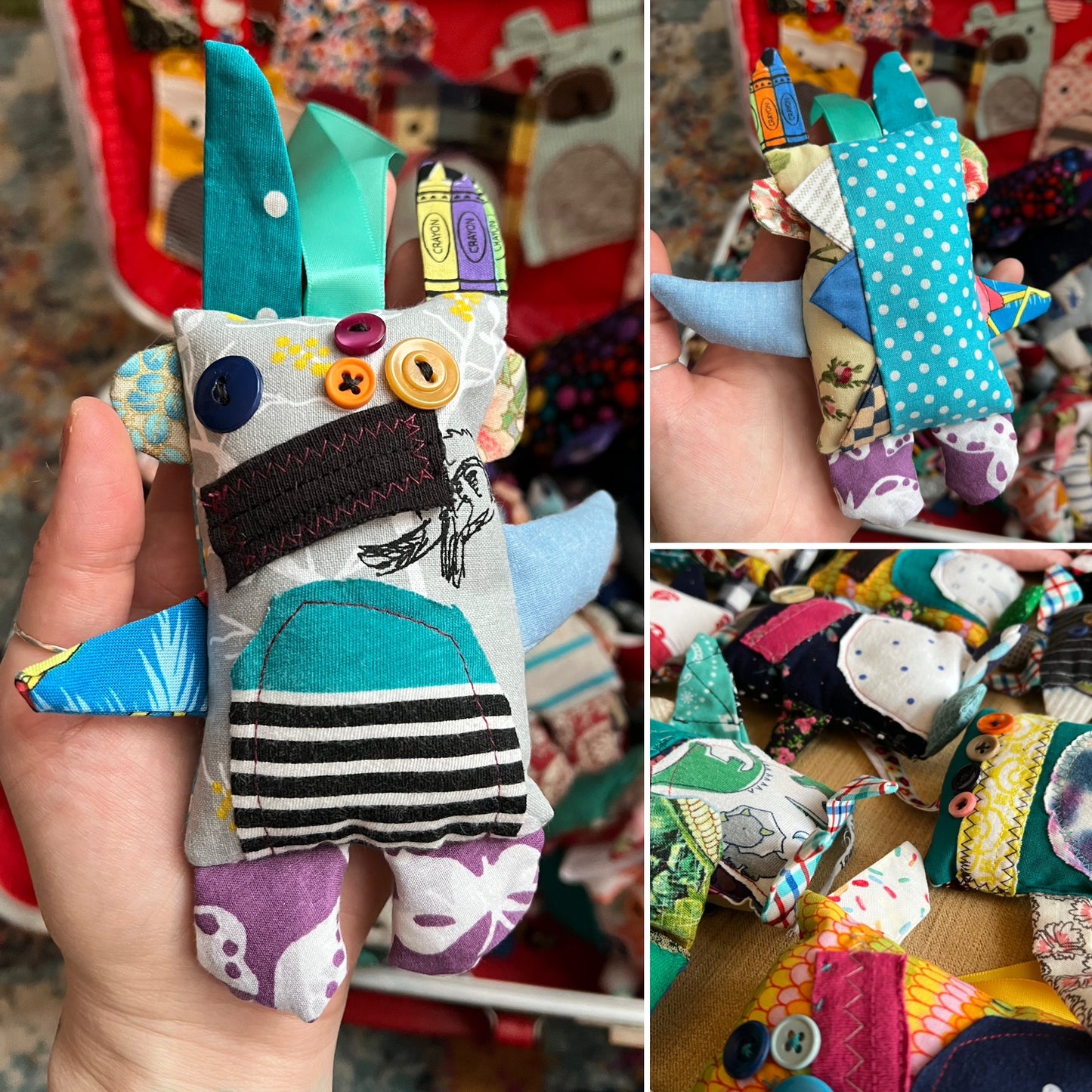 Collage of colorful fabric monster toys with buttons and patterns.