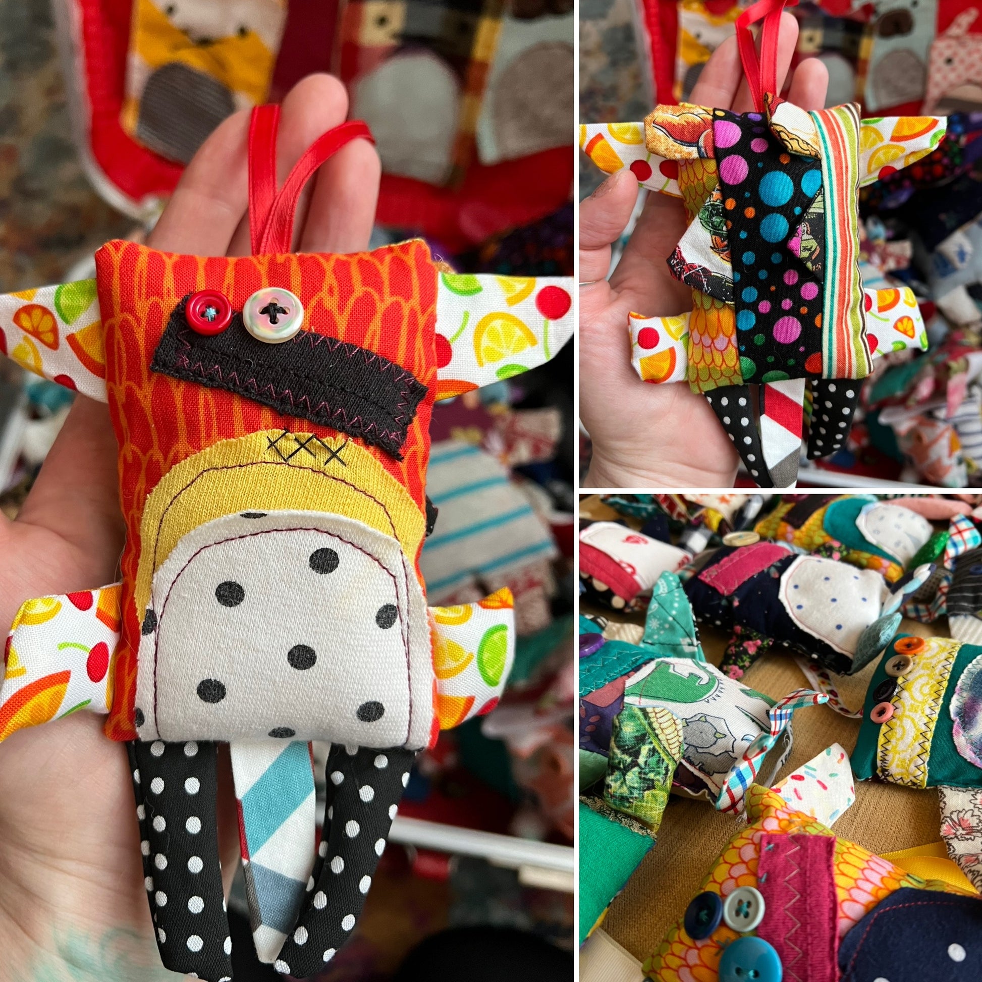 Collage of colorful fabric toys with various patterns and designs.