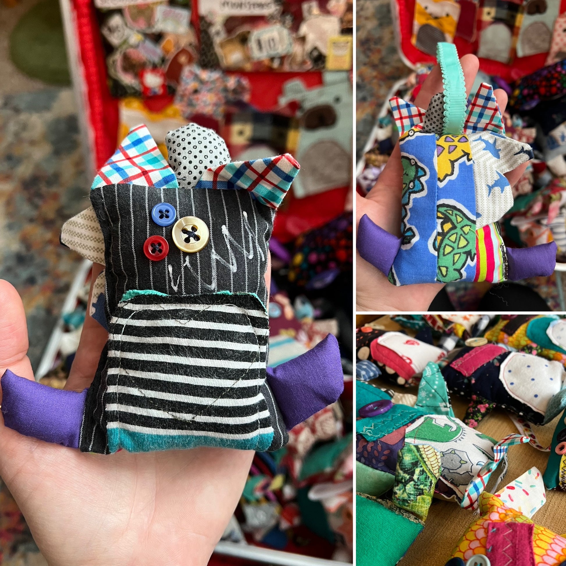 Collage of colorful handcrafted monster doll, showing front and back