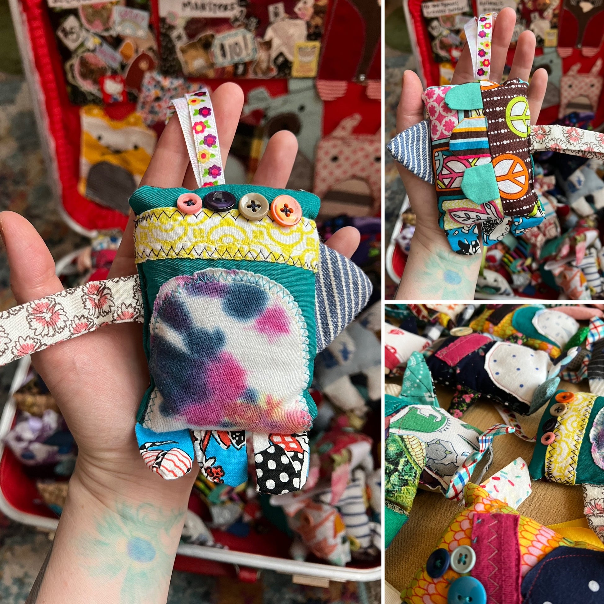 Collage of colorful fabric keychains held by a hand with a blurred background.