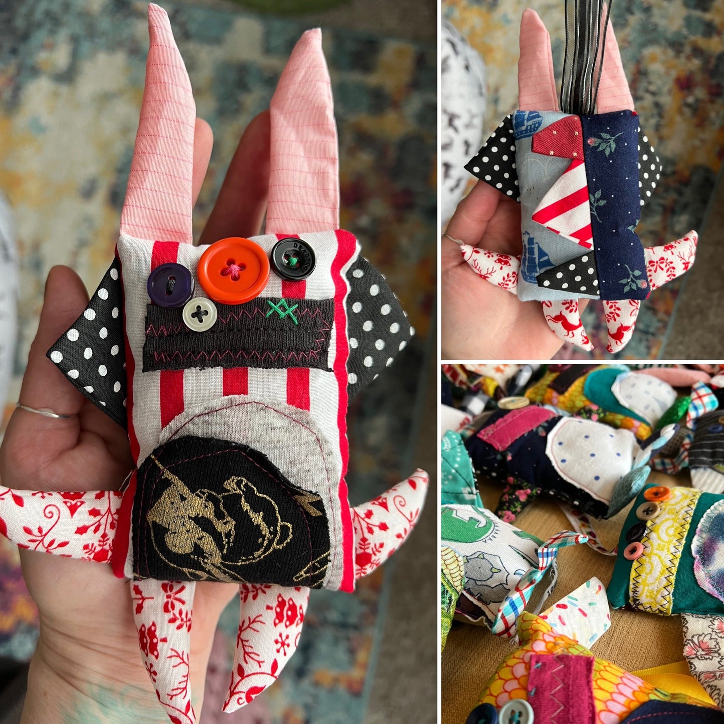 Collage of colorful fabric monster held in hands with a patterned background.