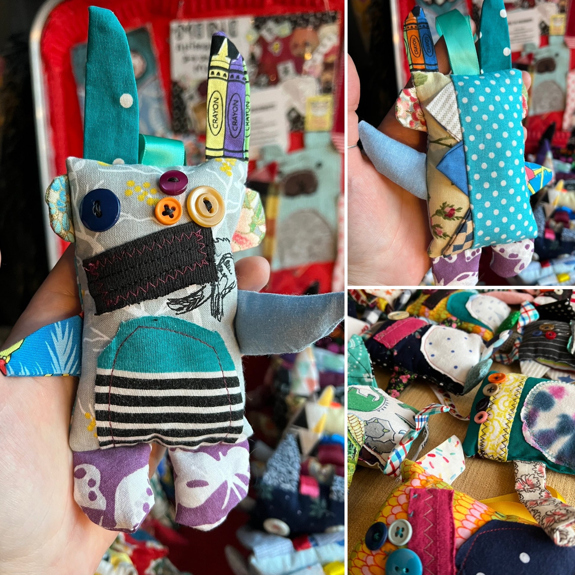 Collage of colorful fabric toys with various patterns and designs.