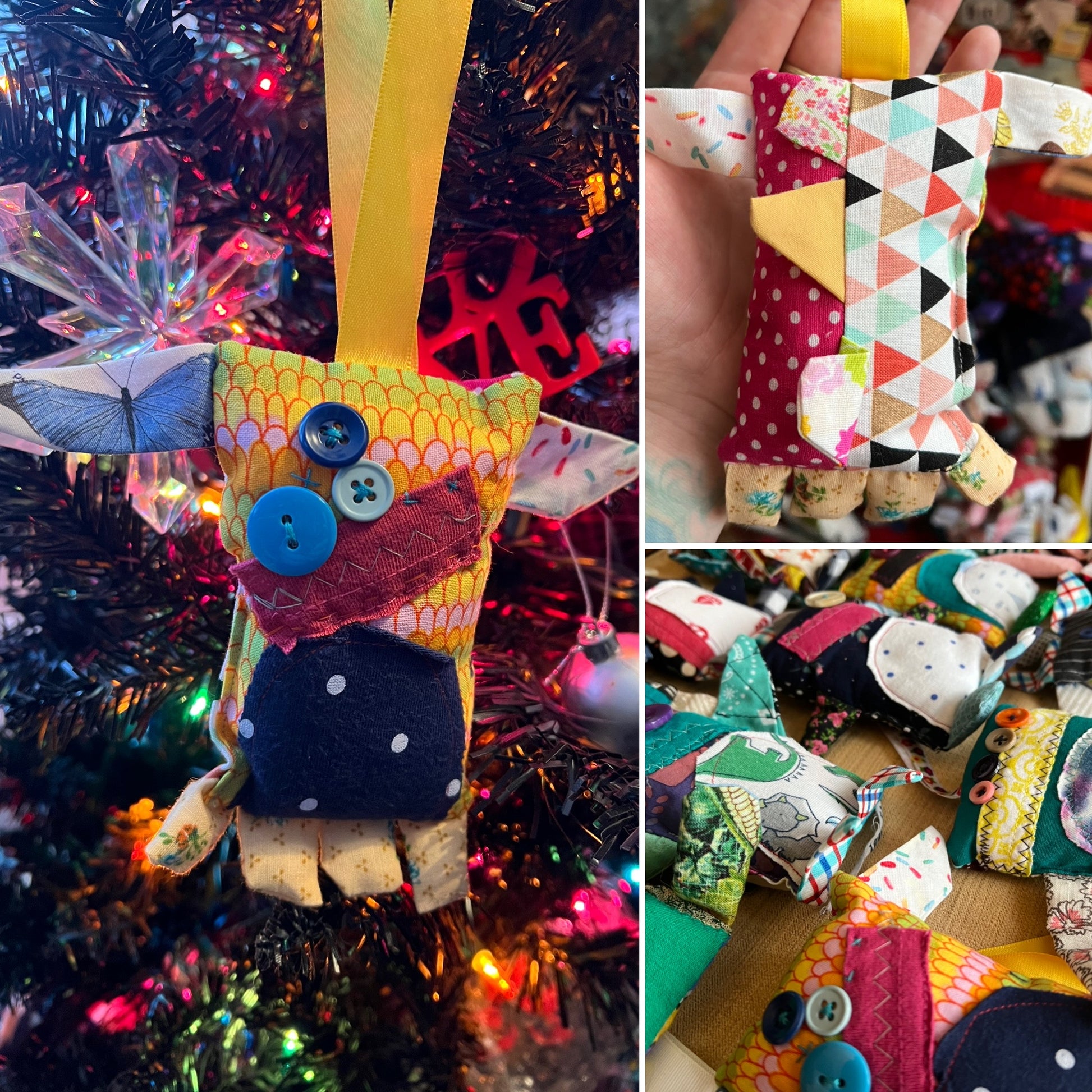 Collage of colorful fabric ornaments with buttons, including one hanging on a Christmas tree.