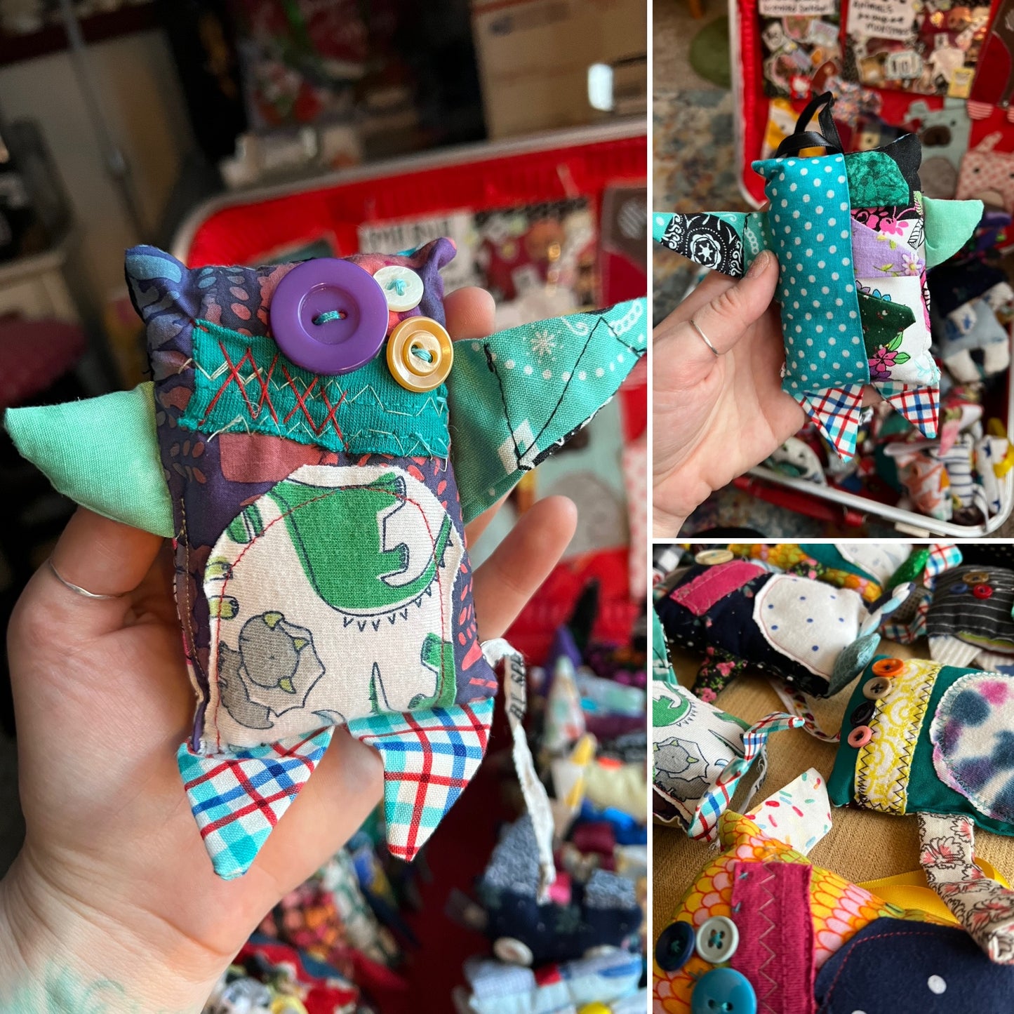 Collage of colorful fabric toys with buttons held by a hand in a crafty setting.
