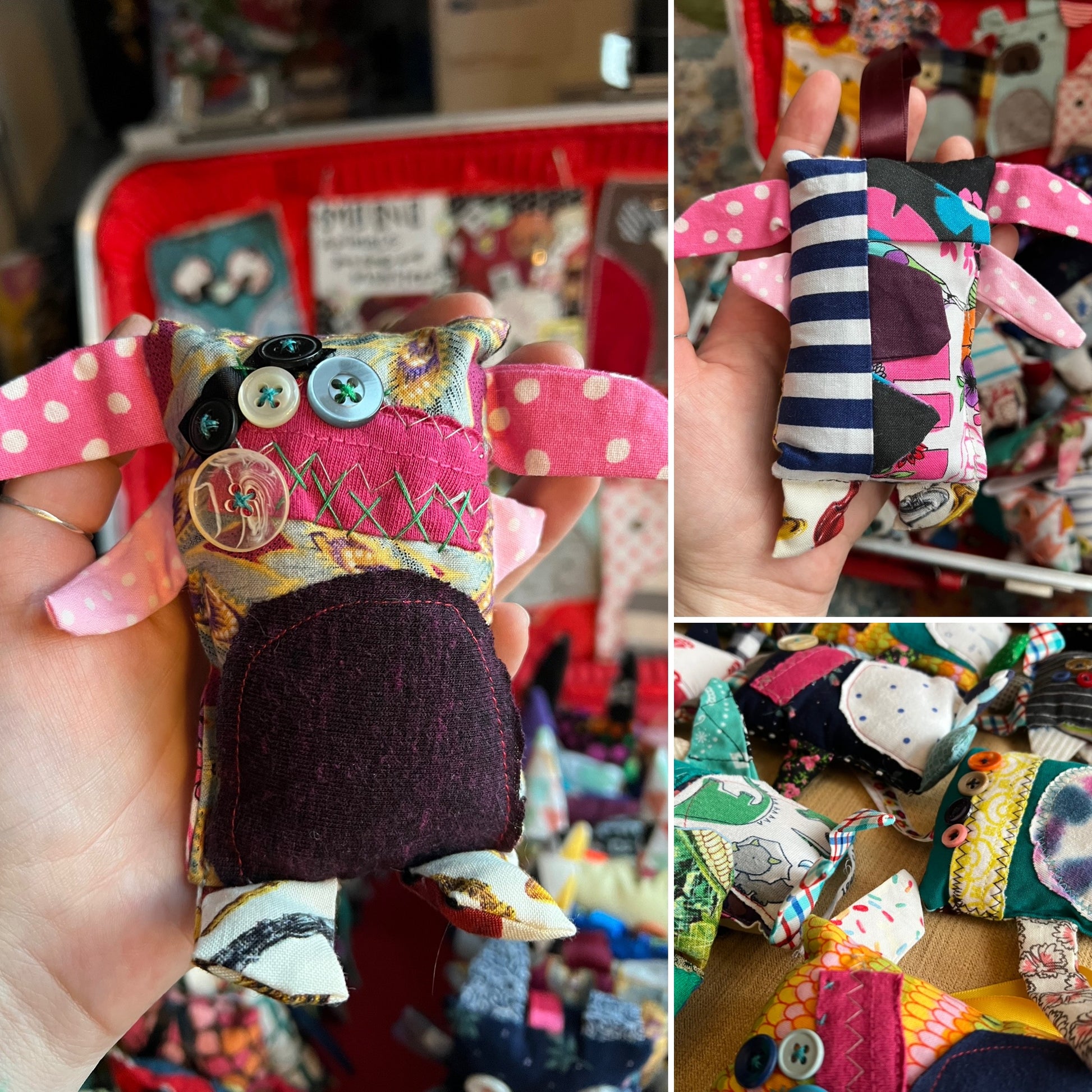Collage of colorful fabric monster, held by a person, showing front and back