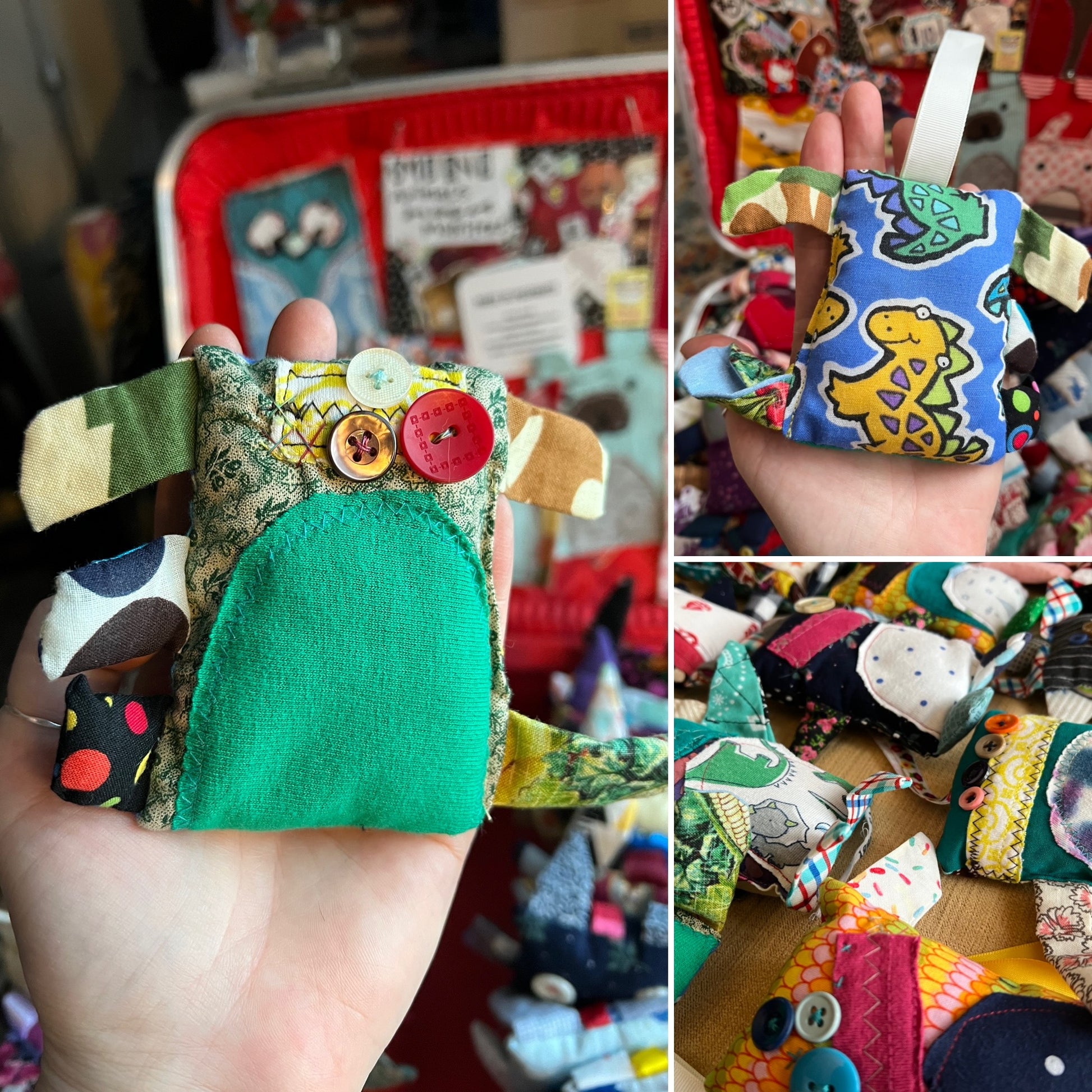 Collage of colorful fabric toys with buttons held by a hand, set against a busy background.
