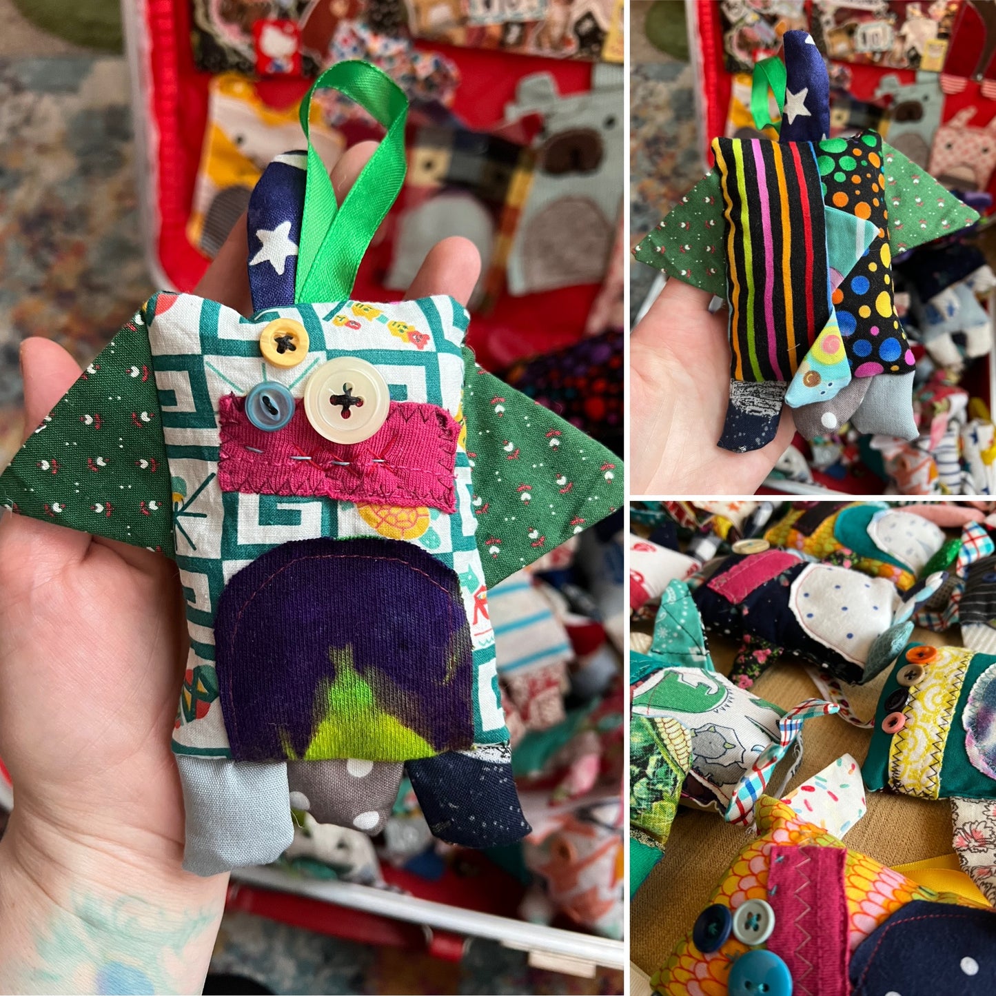 Colorful fabric toy held in a hand with a collage of similar toys in the background.