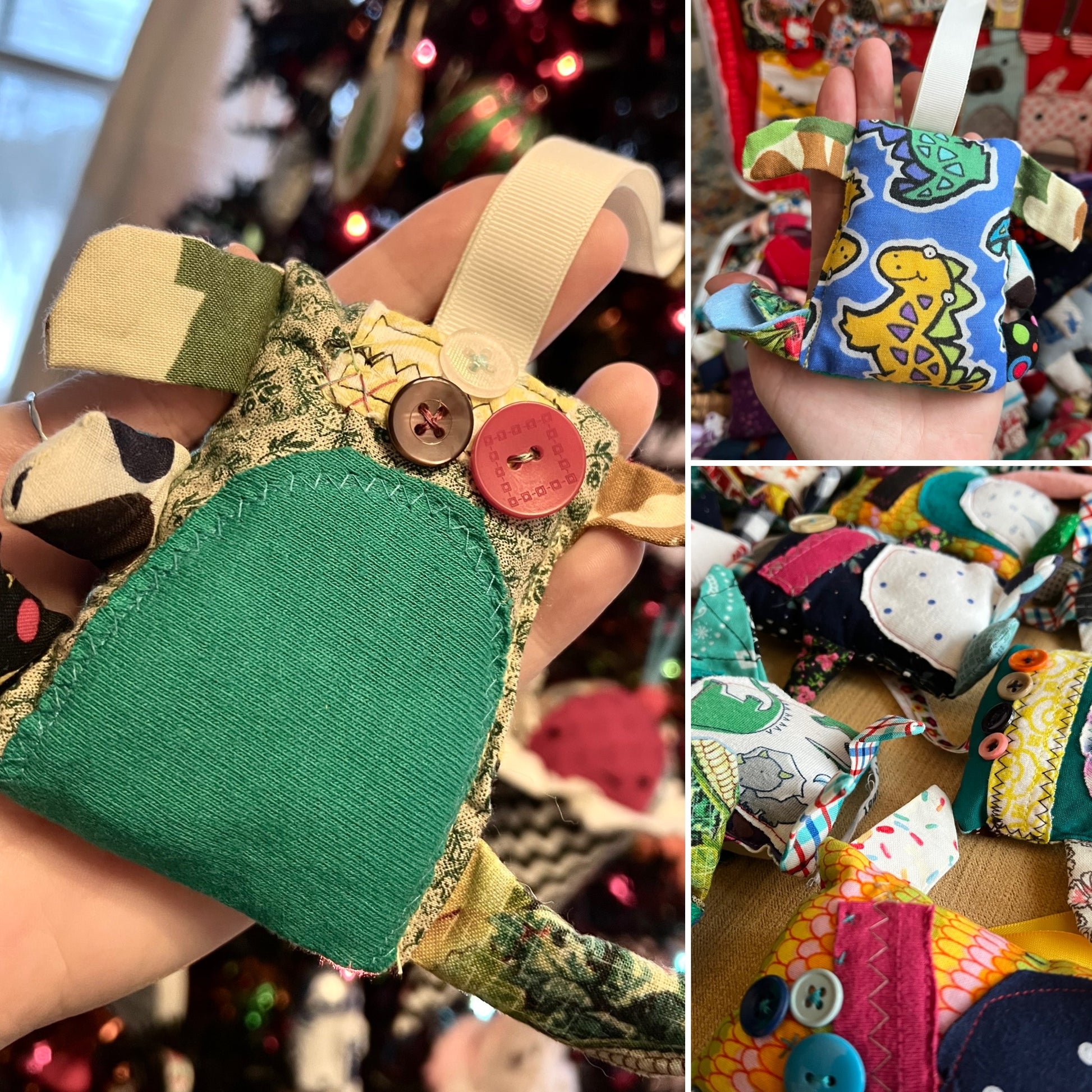 Collage of fabric toys with buttons and patches, held by a hand against a blurred Christmas tree background.