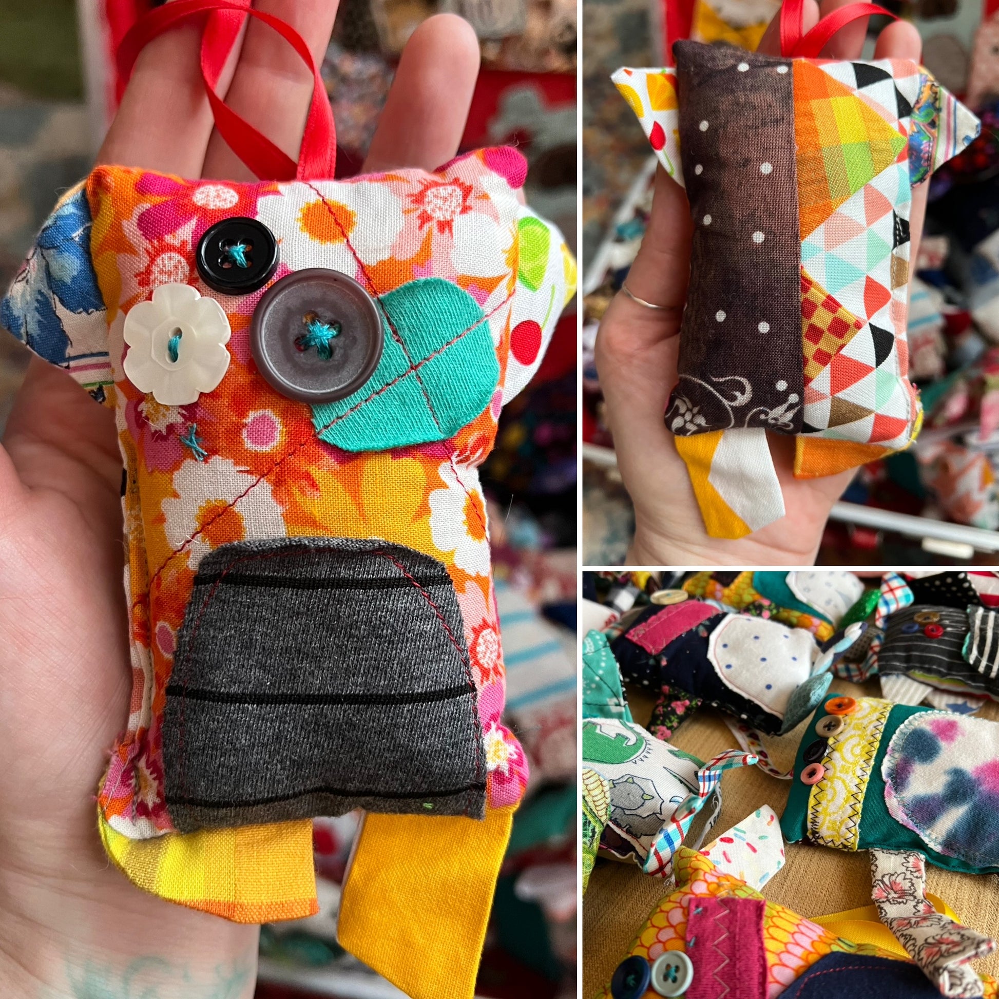 Collage of colorful fabric monster toys with various patterns and designs.