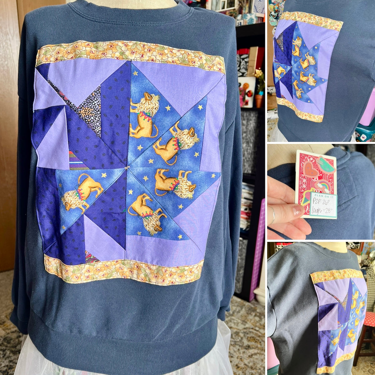 Sweatshirt with patchwork design featuring lions and stars, tag with measurements, held by a person.