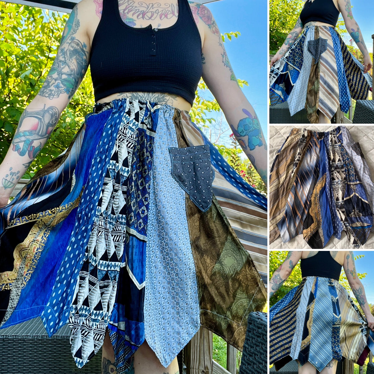 Person wearing a colorful patterned necktie skirt with tattoos on arms, outdoors.