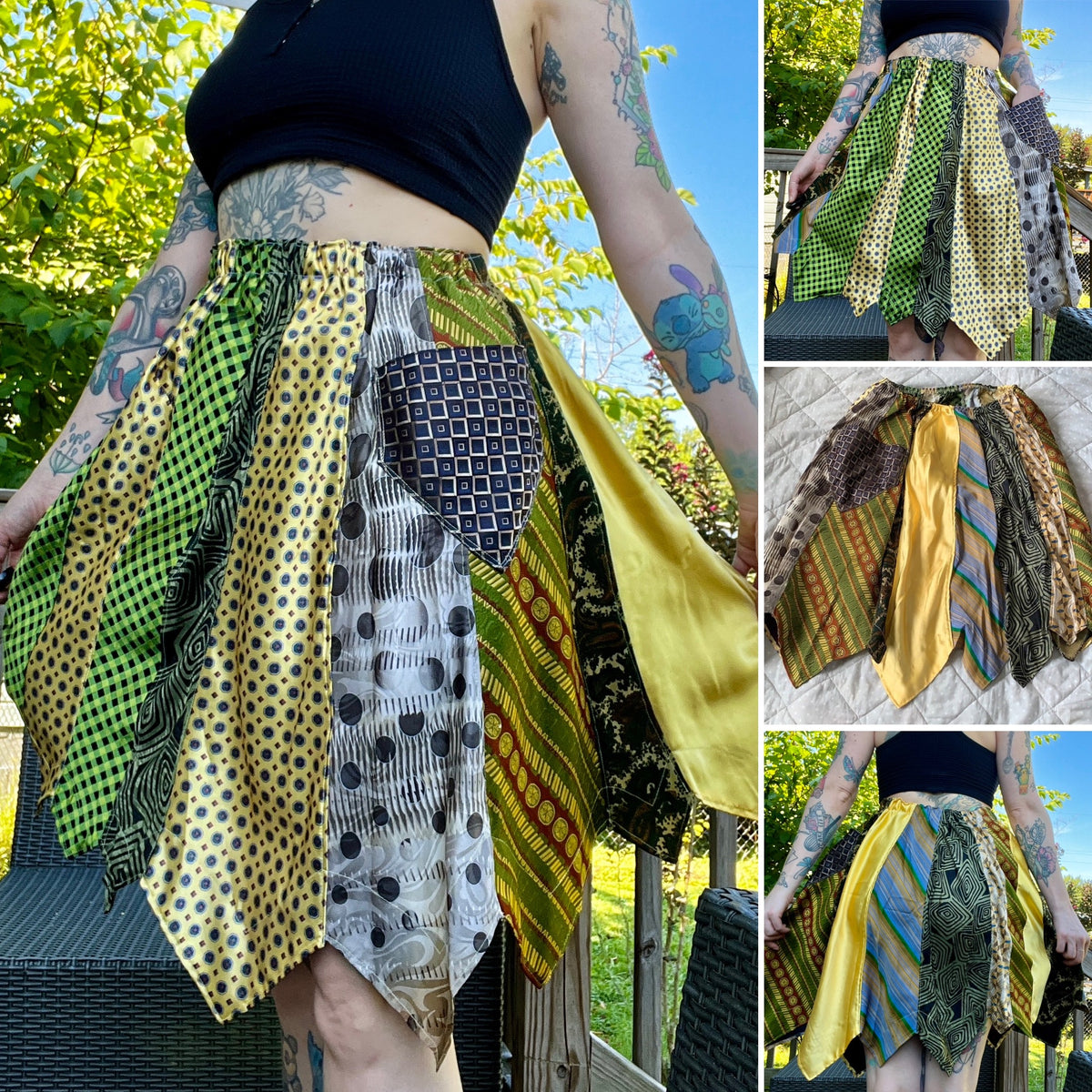 Collage of a person wearing a colorful, patterned necktie skirt outdoors.