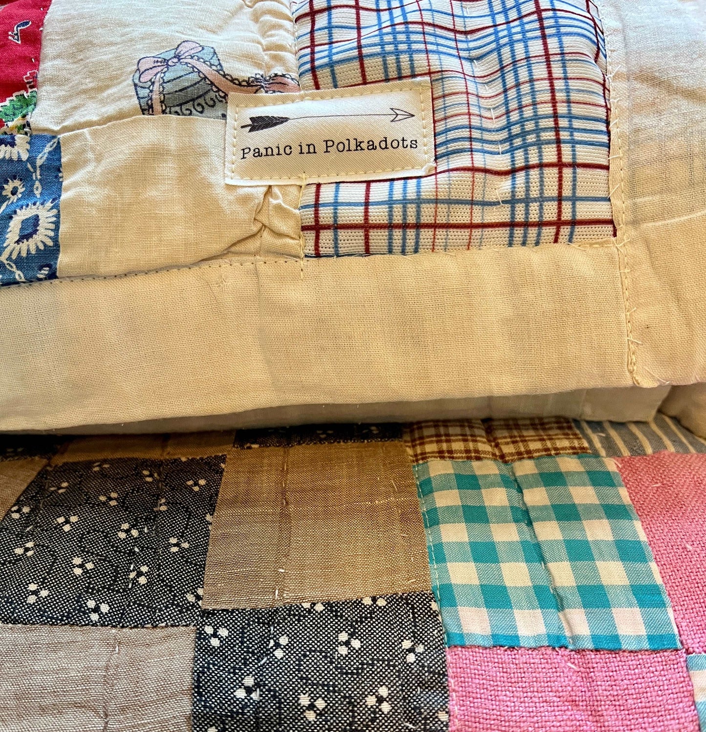 Vintage Quilt Colorful Neon Nine Squares, closeup of corner with Panic in Polkadots label