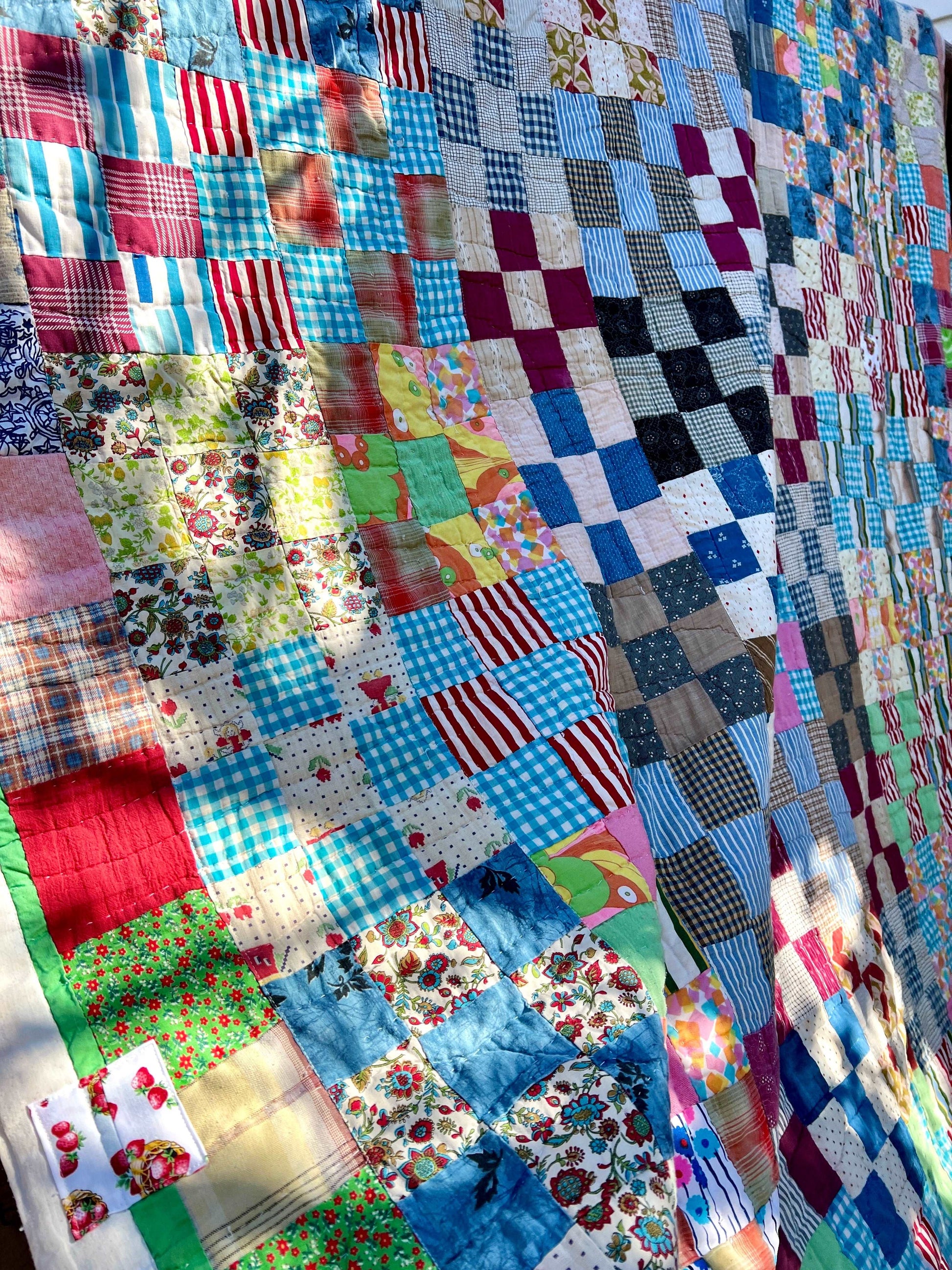 9 Vintage Quilt - Colorful Neon Nine Squares - Quilt Art - Full Sized