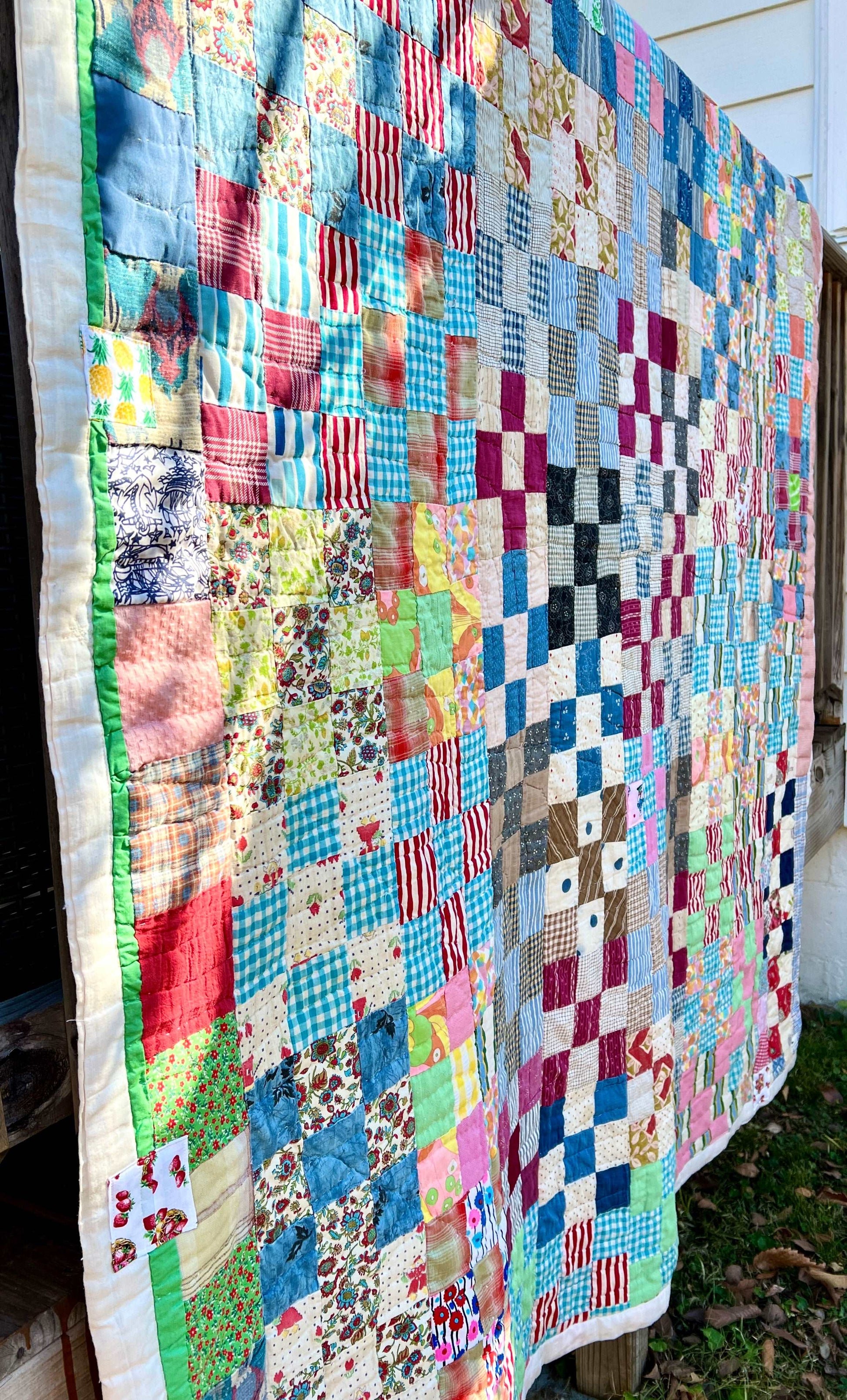 9 Vintage Quilt - Colorful Neon Nine Squares - Quilt Art - Full Sized