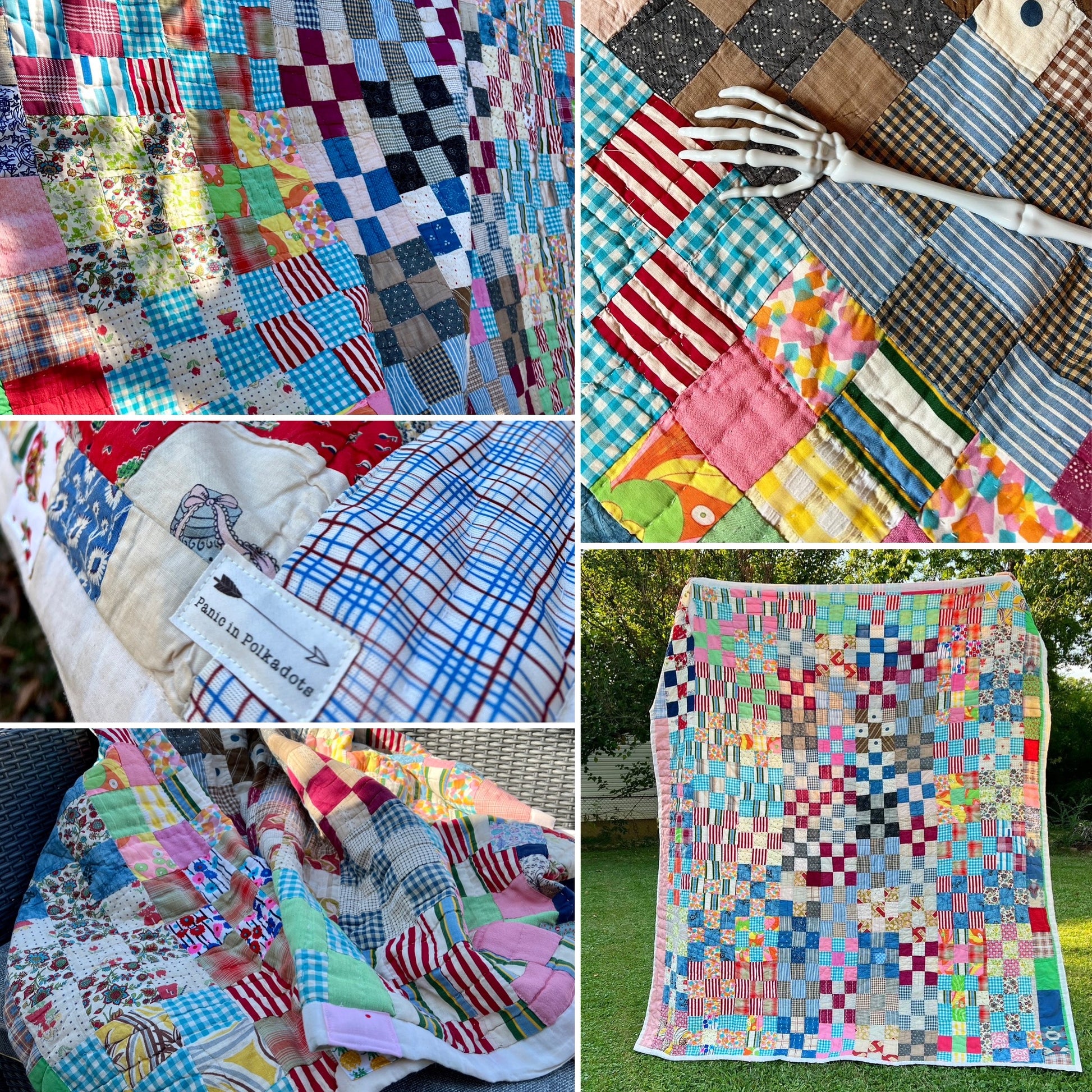 Vintage patchwork quilt with different patterns and colors, nine square design. Photo grid showing closeups, etc