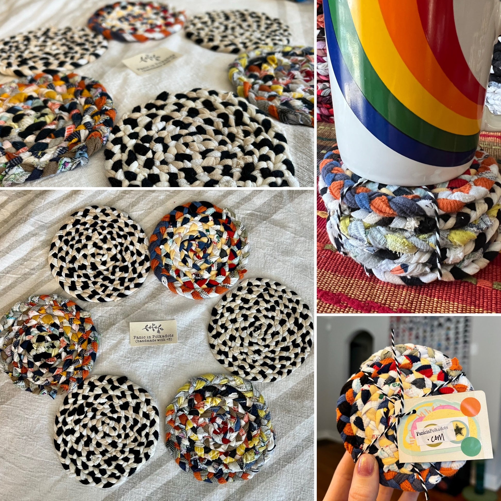 Hand braided and Handsewn coasters, set of six, in a photo grid which shows front, zoom detail back, under a mug, and held up for scale