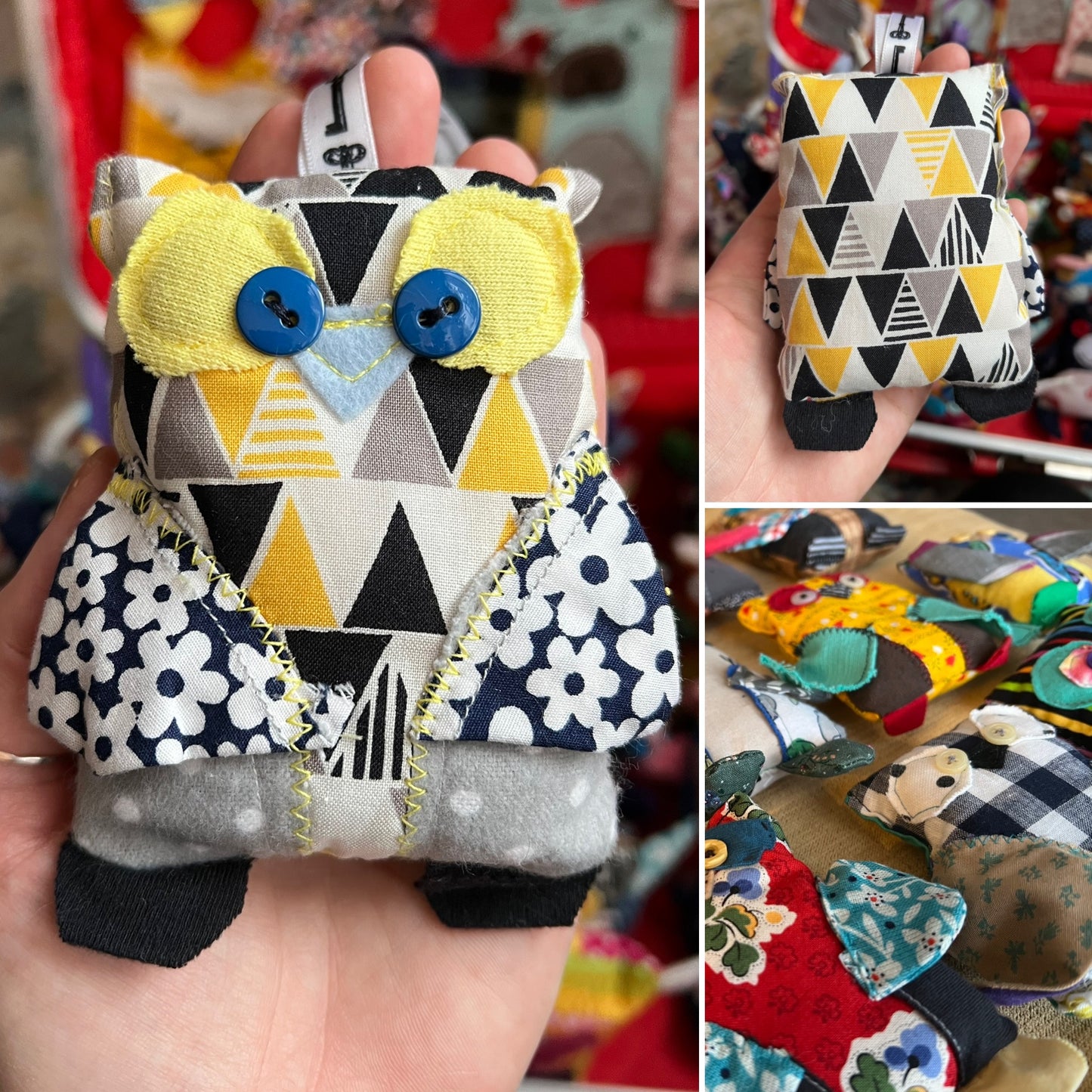Collage of fabric owl plushies with geometric patterns and colorful designs.
