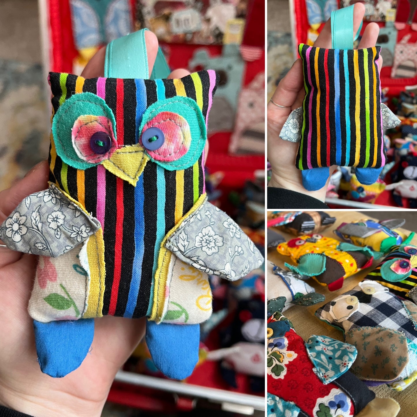 Collage of pictures colorful fabric owl toy held in a hand, showing front and back, with a blurred market background