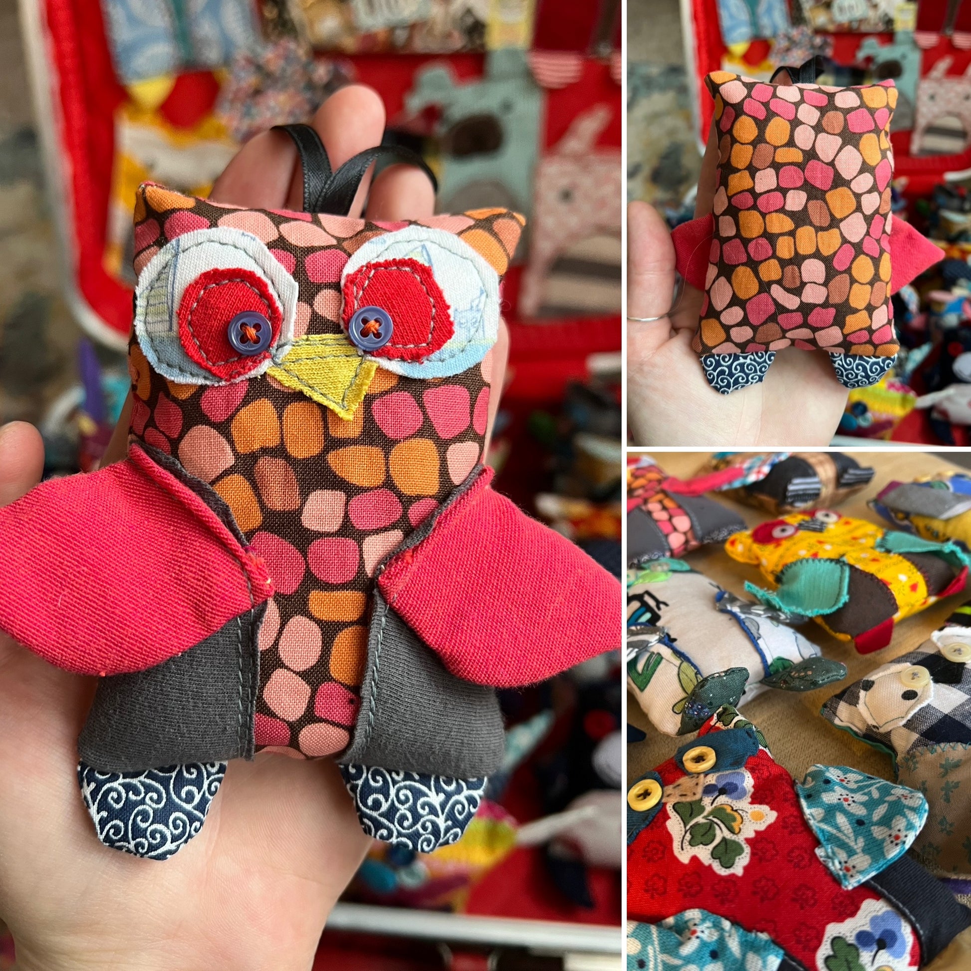 Collage of pictures colorful fabric owl toy held in a hand, showing front and back, with a blurred market background