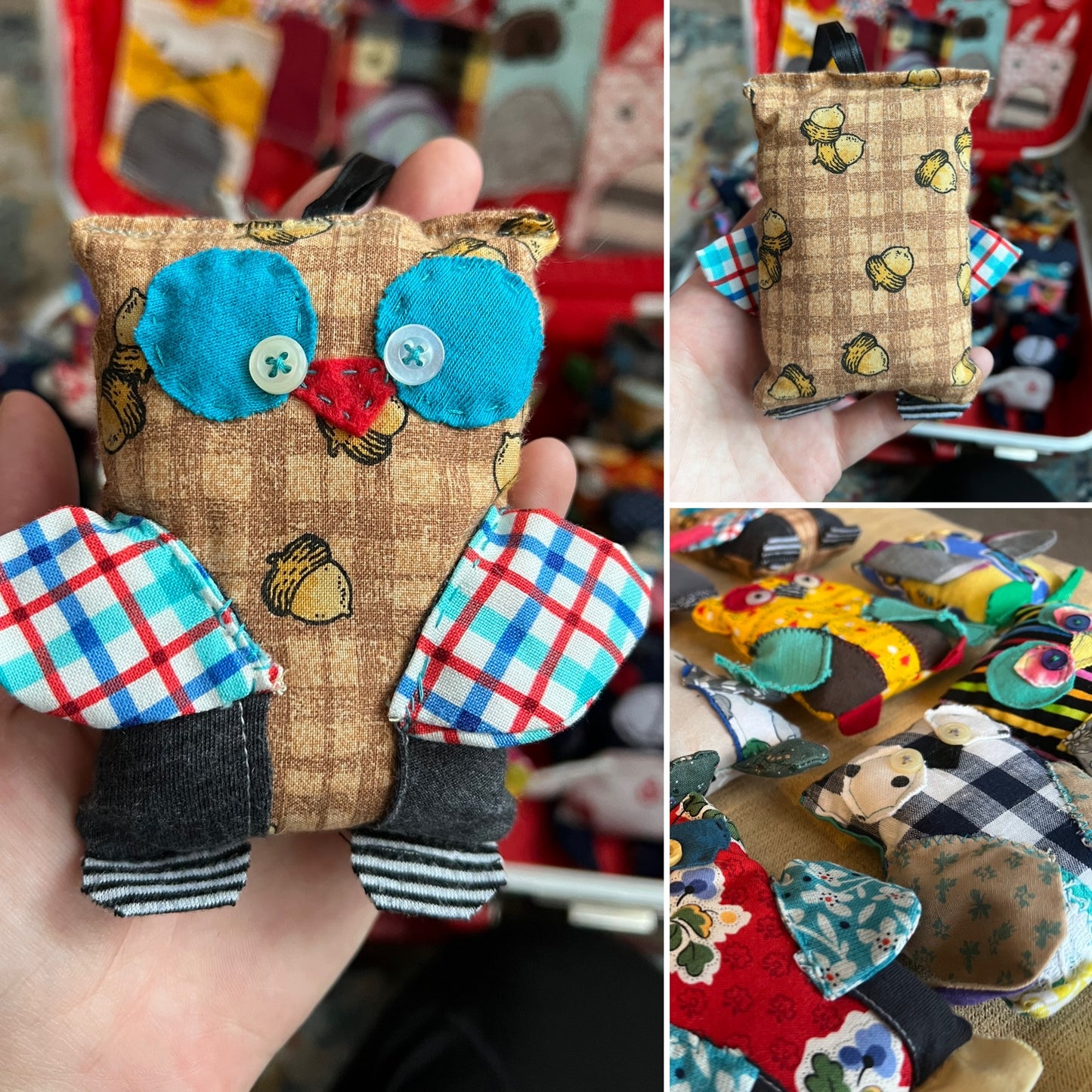 Collage of pictures colorful fabric owl toy held in a hand, showing front and back, with a blurred market background