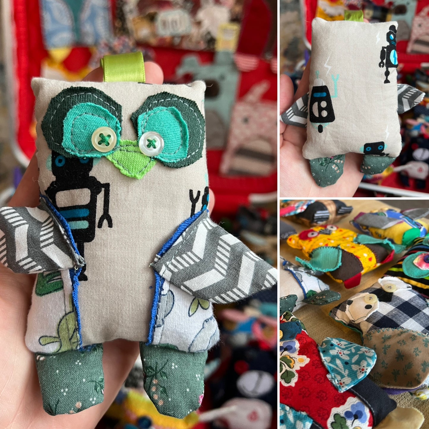 Handmade plush toy with colorful details held in a hand, surrounded by other similar toys.