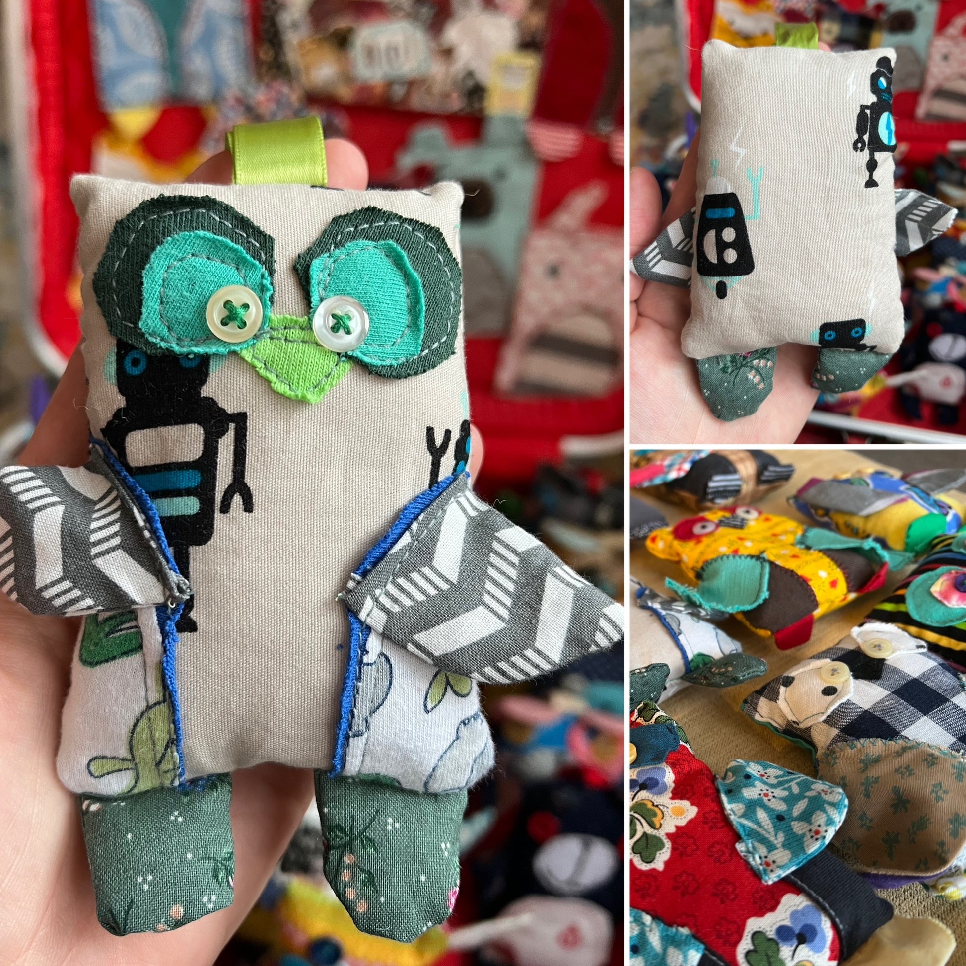Handmade plush toy with colorful details held in a hand, surrounded by other similar toys.