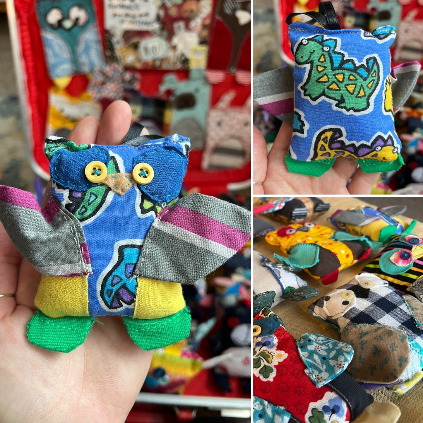 Collage of pictures colorful fabric owl toy held in a hand, showing front and back, with a blurred market background