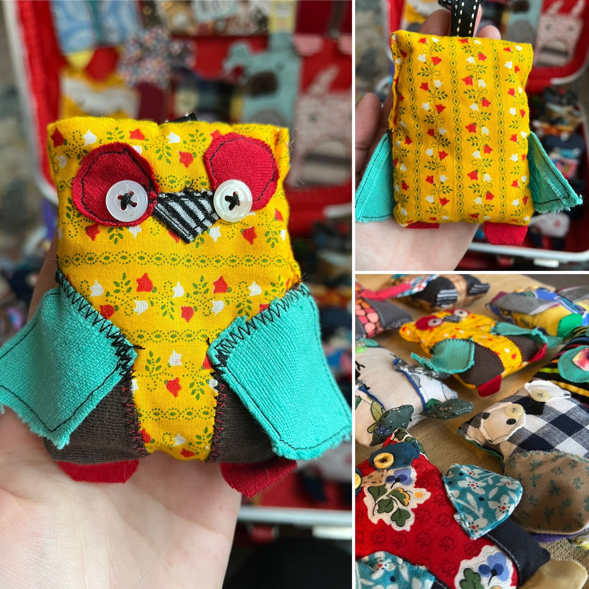 Collage of pictures colorful fabric owl toy held in a hand, showing front and back, with a blurred market background