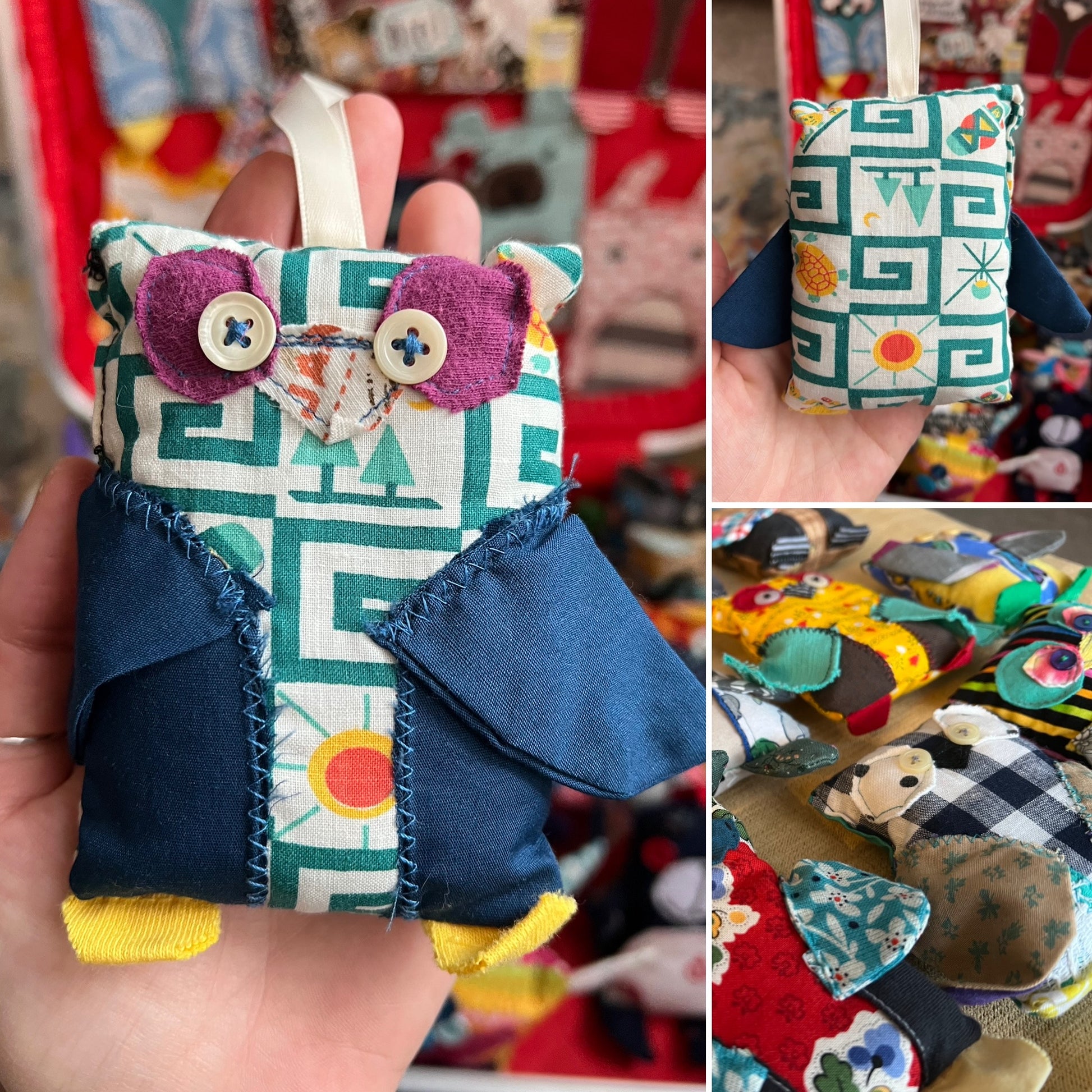 Colorful fabric owl with buttons held in a hand, surrounded by more fabric owls