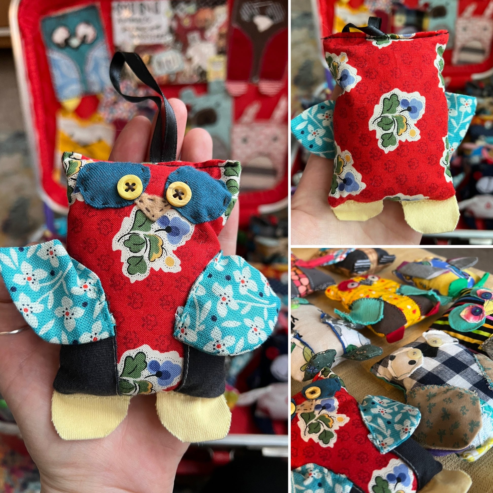 Collage of pictures colorful fabric owl toy held in a hand, showing front and back, with a blurred market background