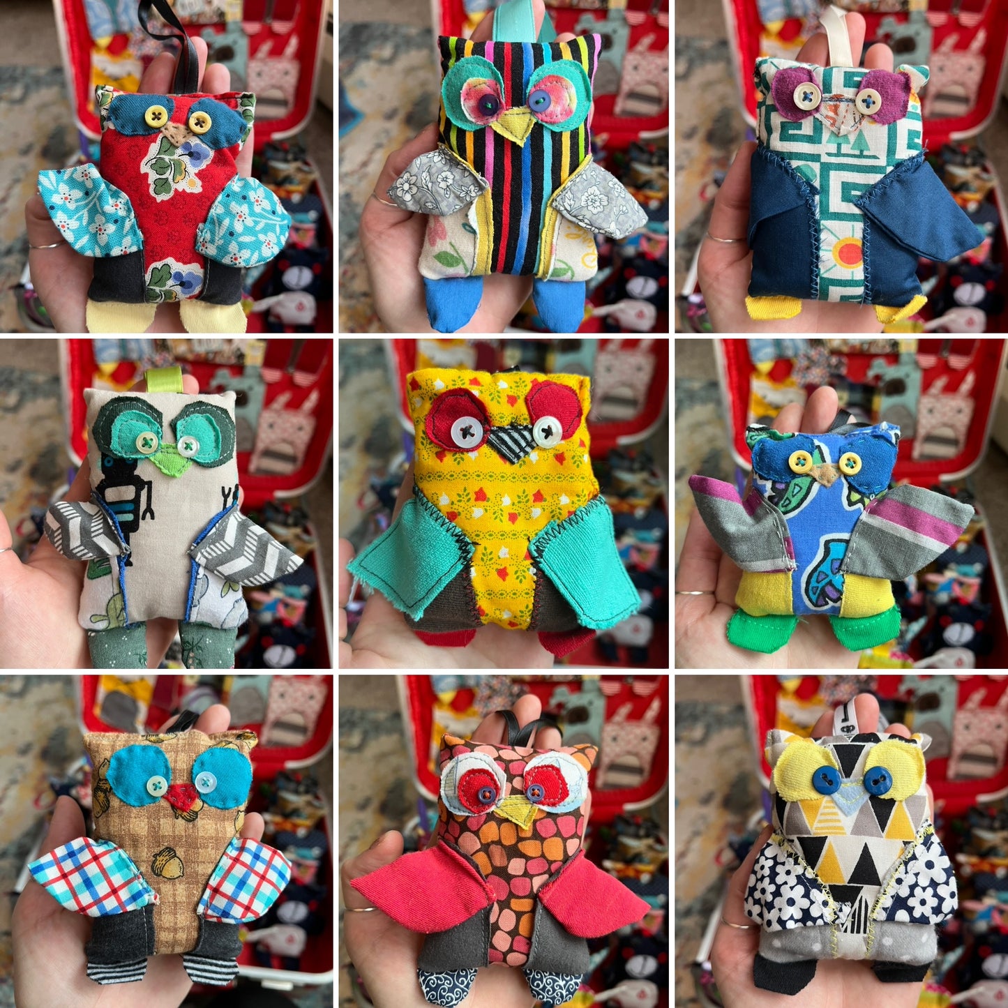 Collage of various colorful owl-shaped toys held in hands.