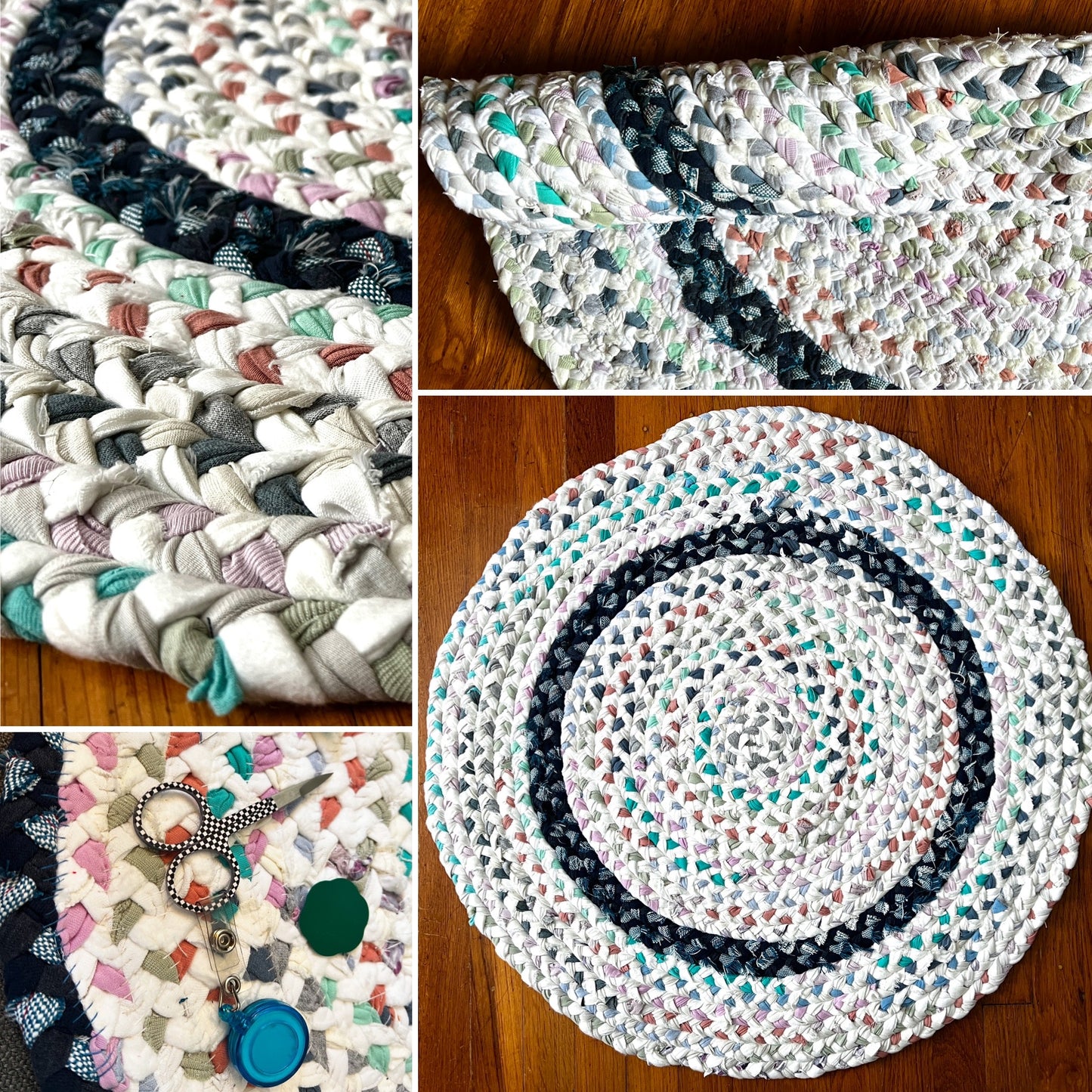 photo grid of various views of a handmade rug: aerial front, closeup, in progress