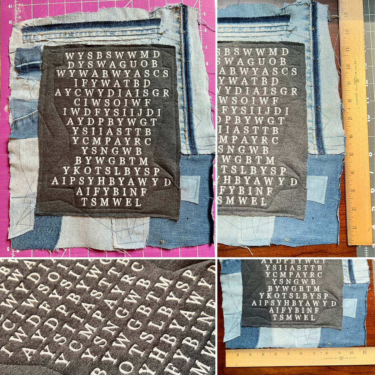 A collage showing a dark gray fabric patch with white embroidered letters and numbers, placed over blue denim fabric. The collage includes rulers, a pink cutting mat, and close-up views of the embroidered text,