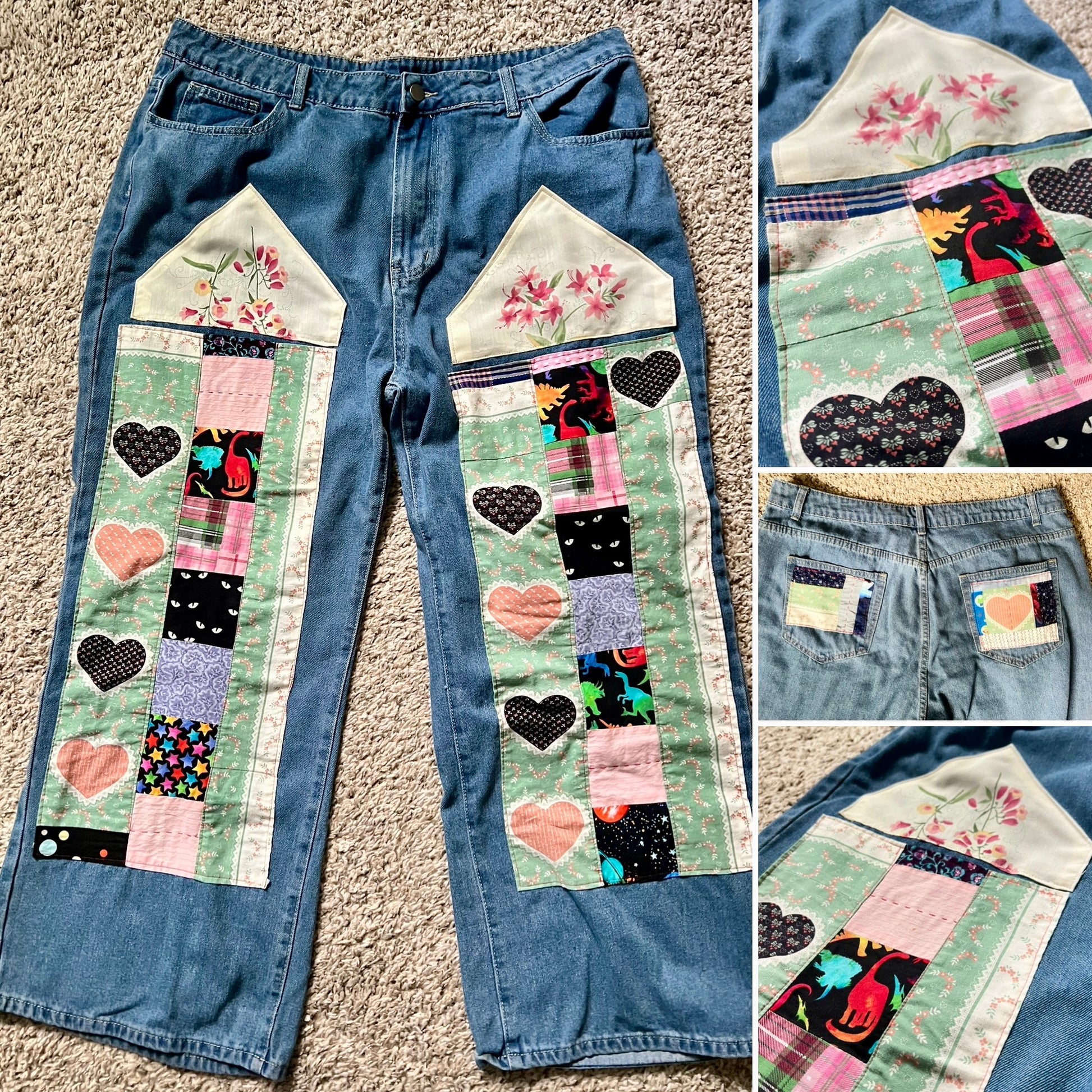 A pair of blue denim jeans laid flat on a carpeted floor, featuring large patchwork fabric panels on both legs with floral tops, hearts, and multicolored patchwork squares. Three inset close-up views on the right show details of the back pocket, the front pocket/patchwork, and a cropped view of the lower leg.